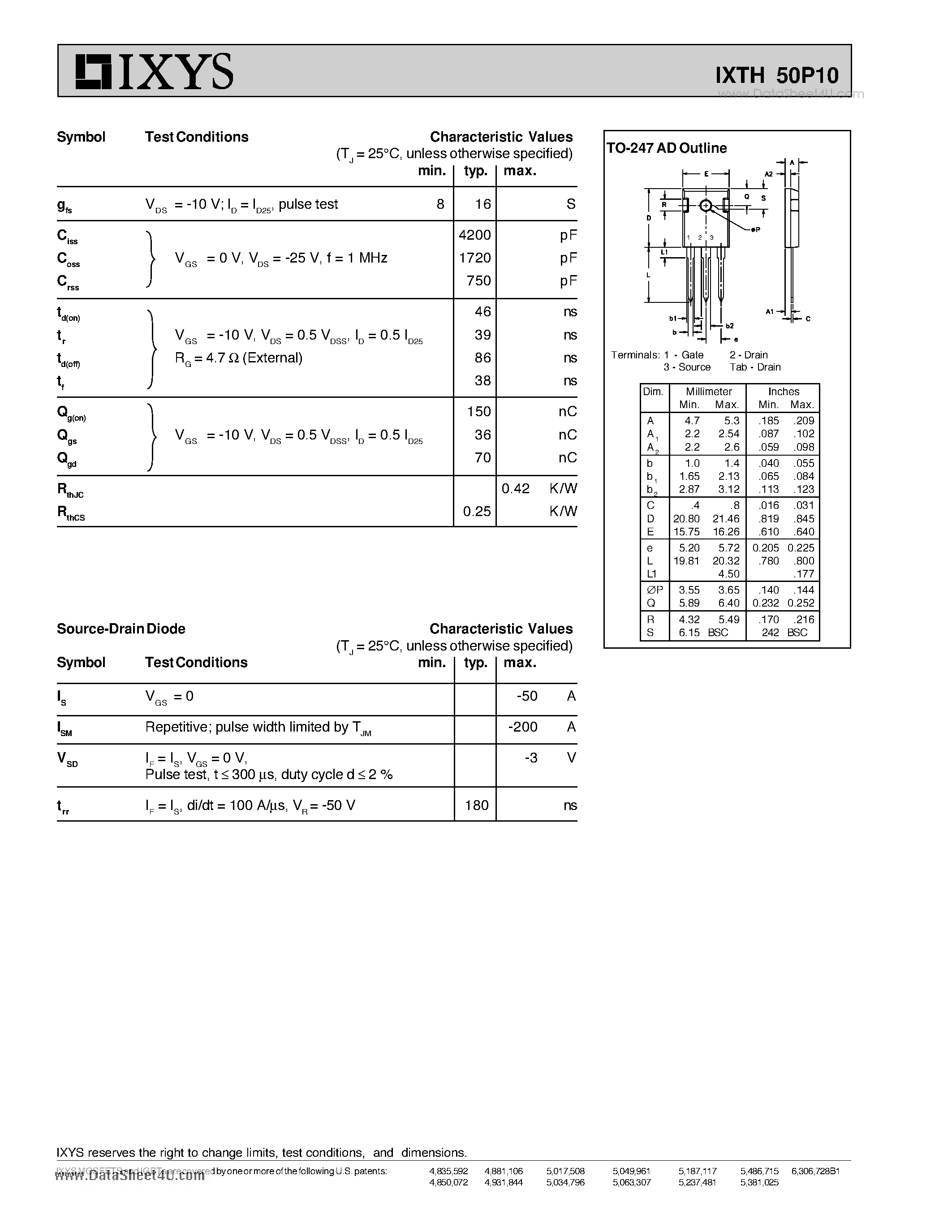 Даташит на микросхему IXTH50P10 страница 2 Даташит IXTH50P10 - Standard Power MOSFET страница 2