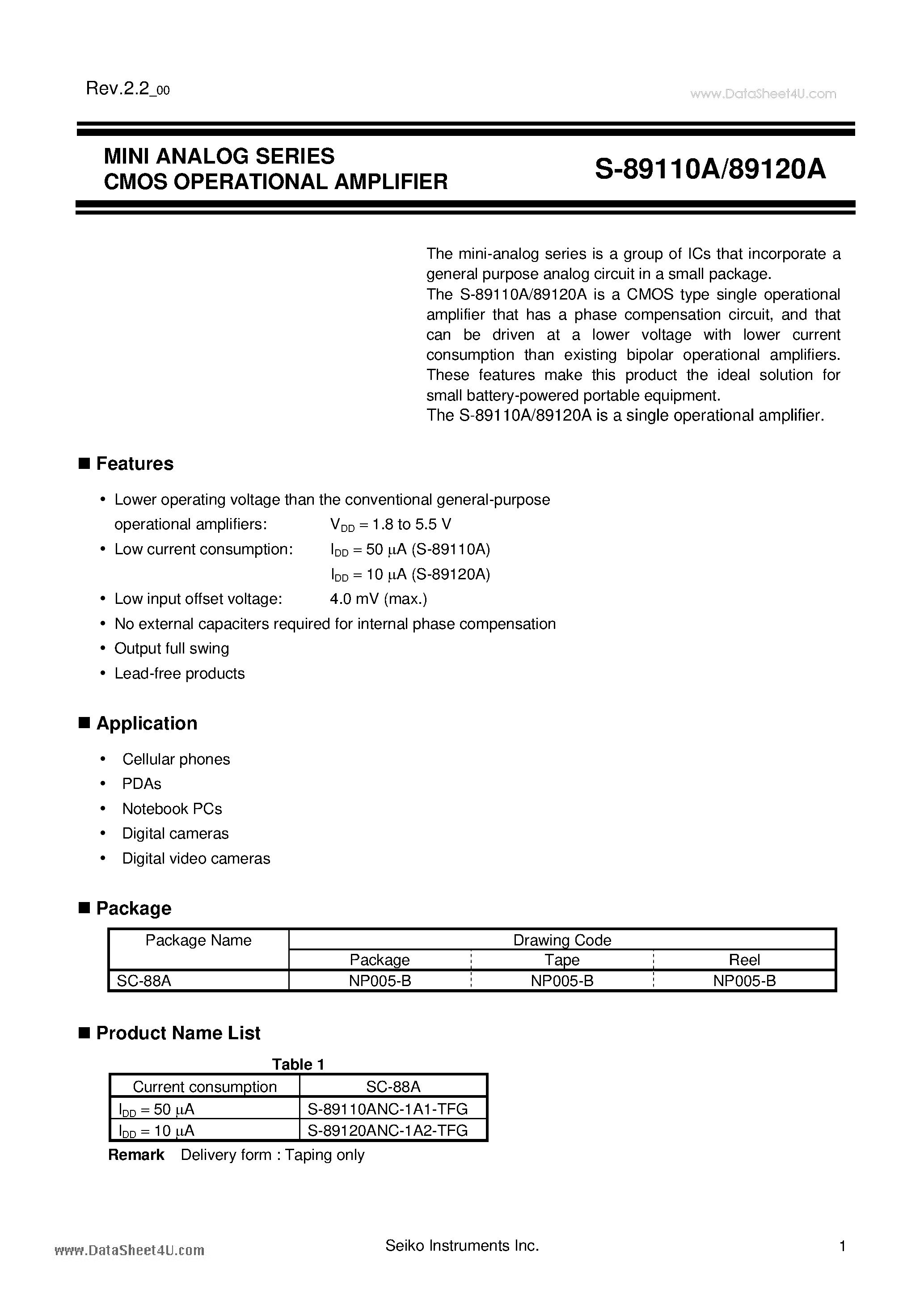 Datasheet S-89110A - MINI ANALOG SERIES CMOS OPERATIONAL AMPLIFIER page 1