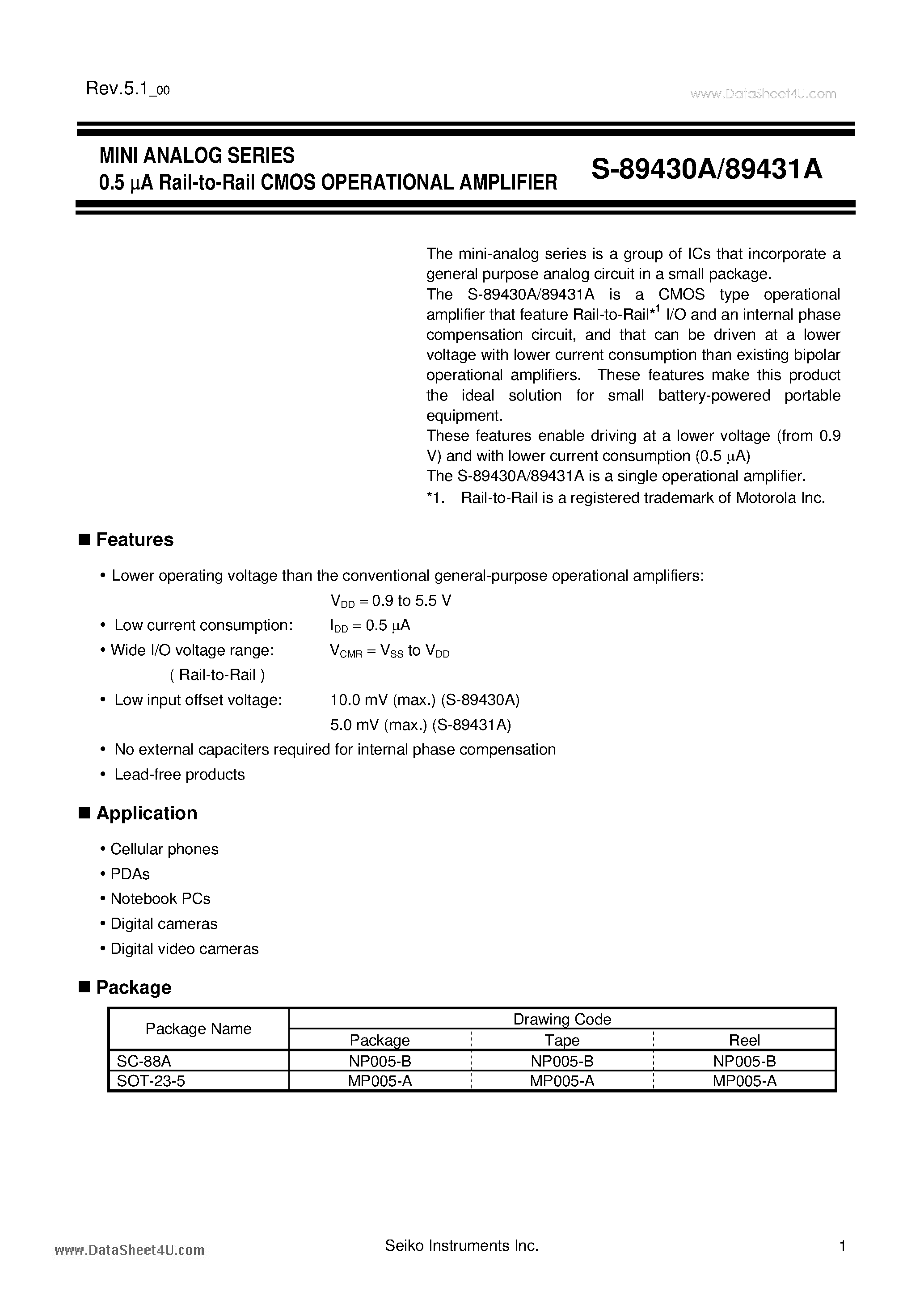 Datasheet S-89430A page 1 Datasheet S-89430A - MINI ANALOG SERIES 0.5 uA Rail-to-Rail CMOS OPERATIONAL AMPLIFIER page 1