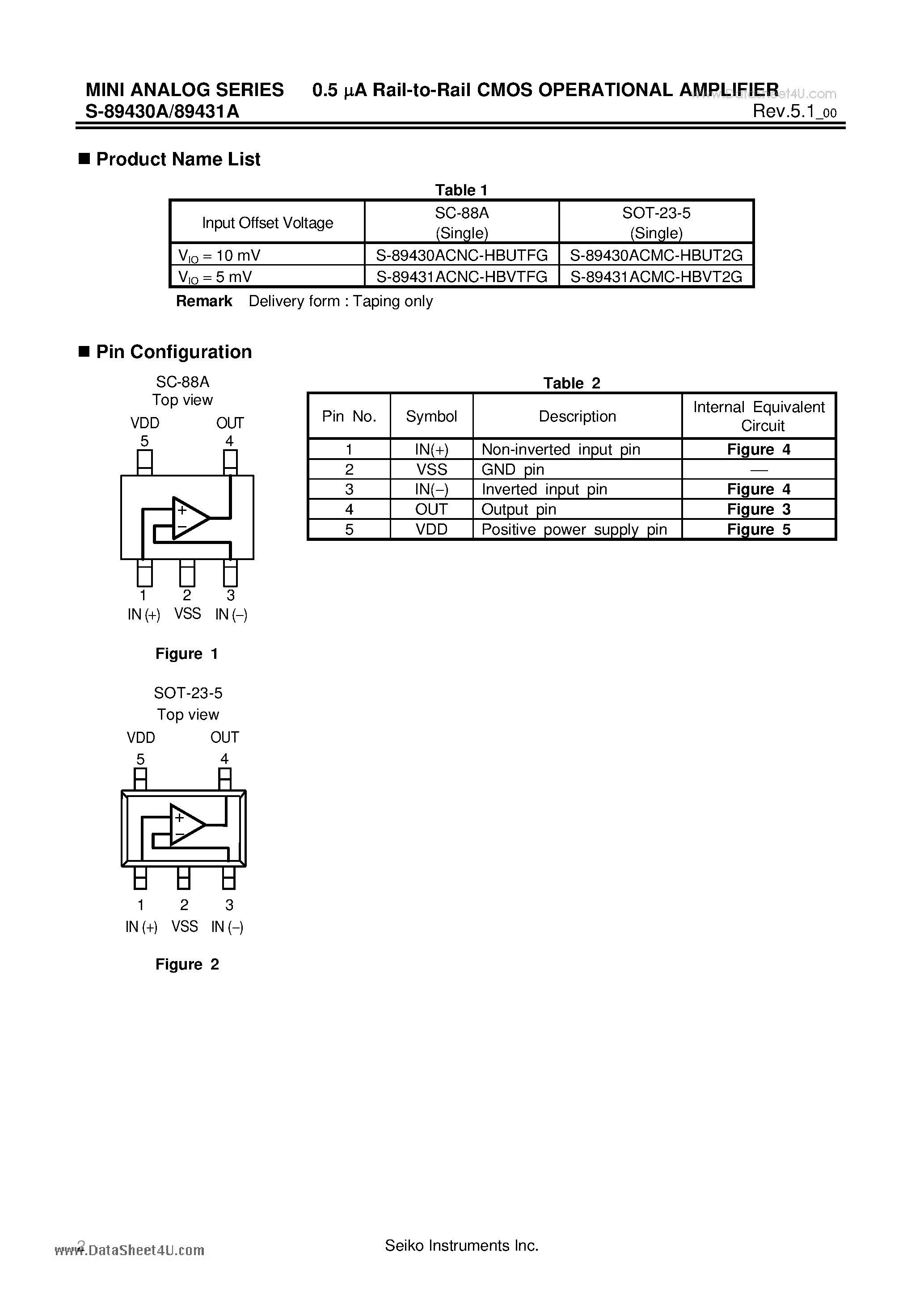 Datasheet S-89430A page 2 Datasheet S-89430A - MINI ANALOG SERIES 0.5 uA Rail-to-Rail CMOS OPERATIONAL AMPLIFIER page 2