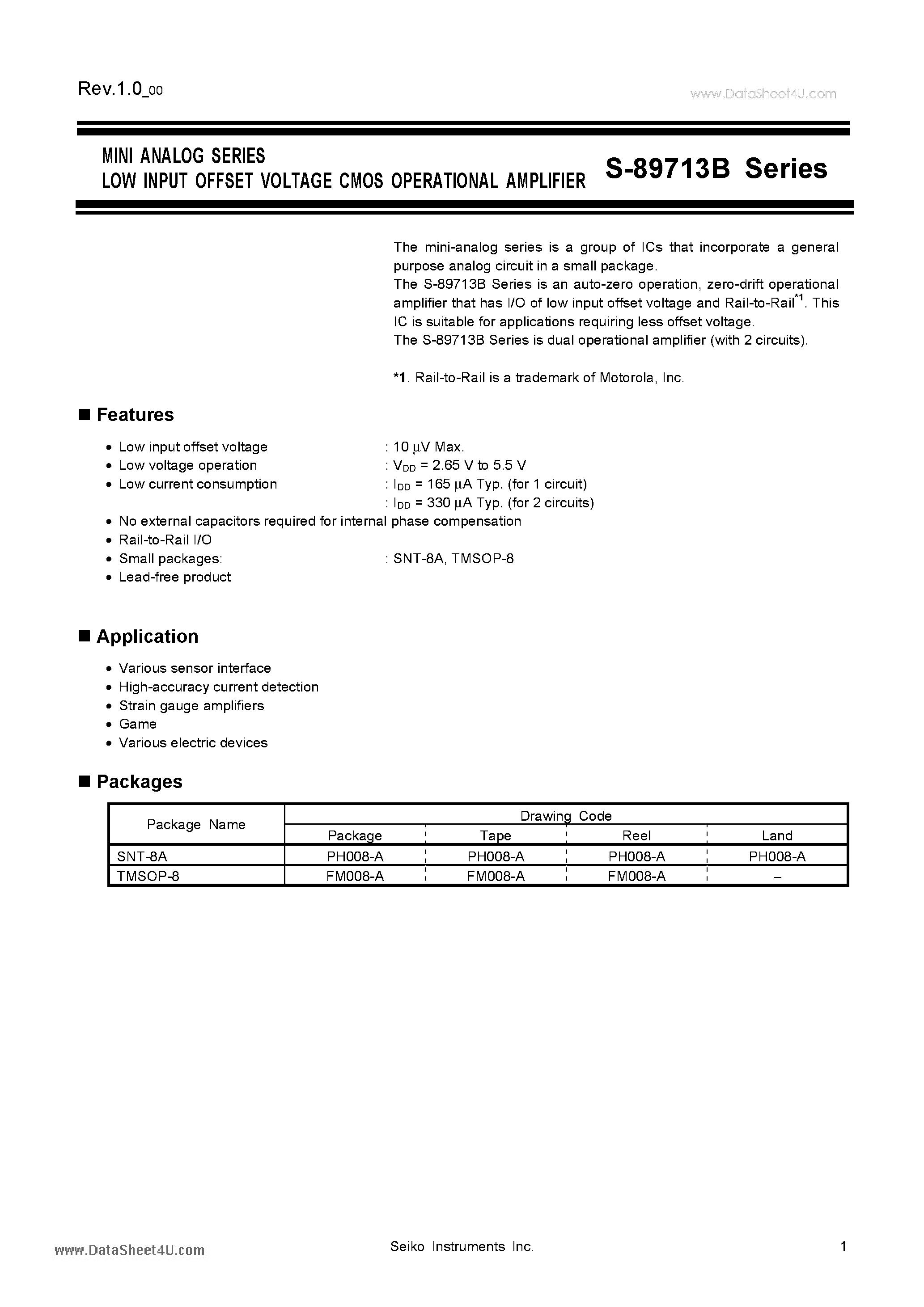 Datasheet S-89713B - MINI ANALOG SERIES LOW INPUT OFFSET VOLTAGE CMOS OPERATIONAL AMPLIFIER page 1