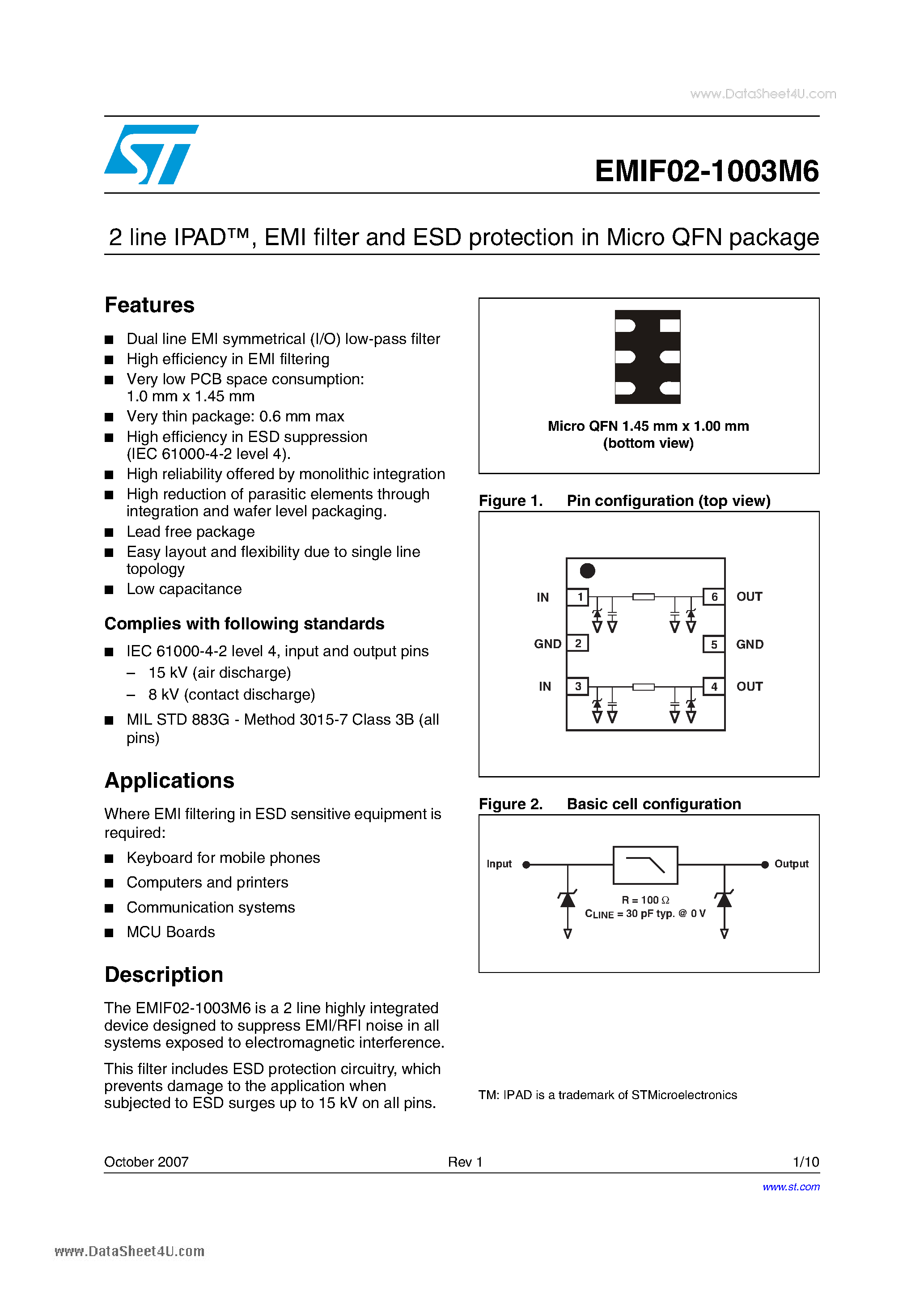 Даташит на микросхему EMIF02-1003M6 страница 1 Даташит EMIF02-1003M6 - 2 line IPAD EMI filter and ESD protection страница 1