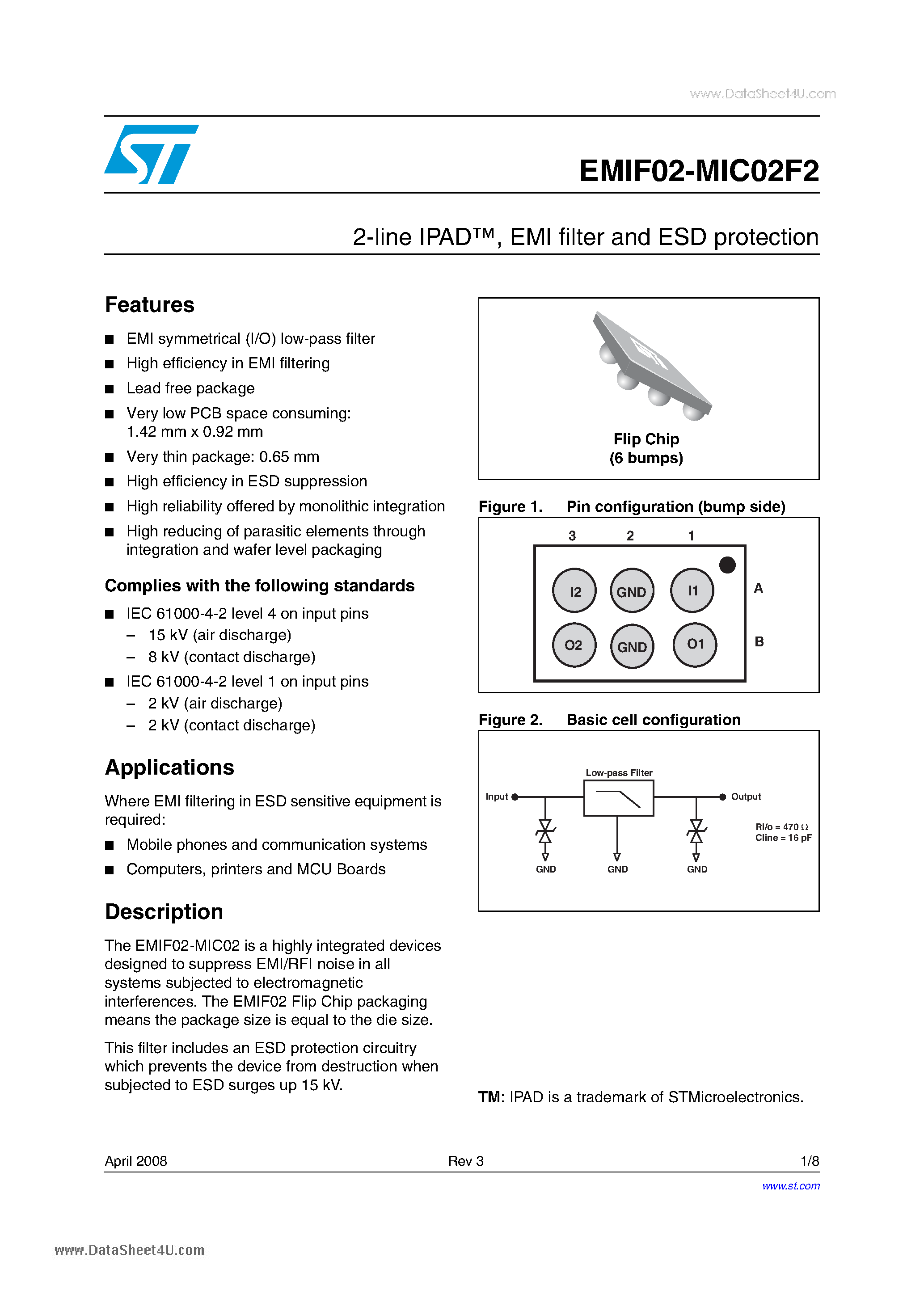 Даташит на микросхему EMIF02-MIC02F2 страница 1 Даташит EMIF02-MIC02F2 - 2-line IPAD EMI filter and ESD protection страница 1
