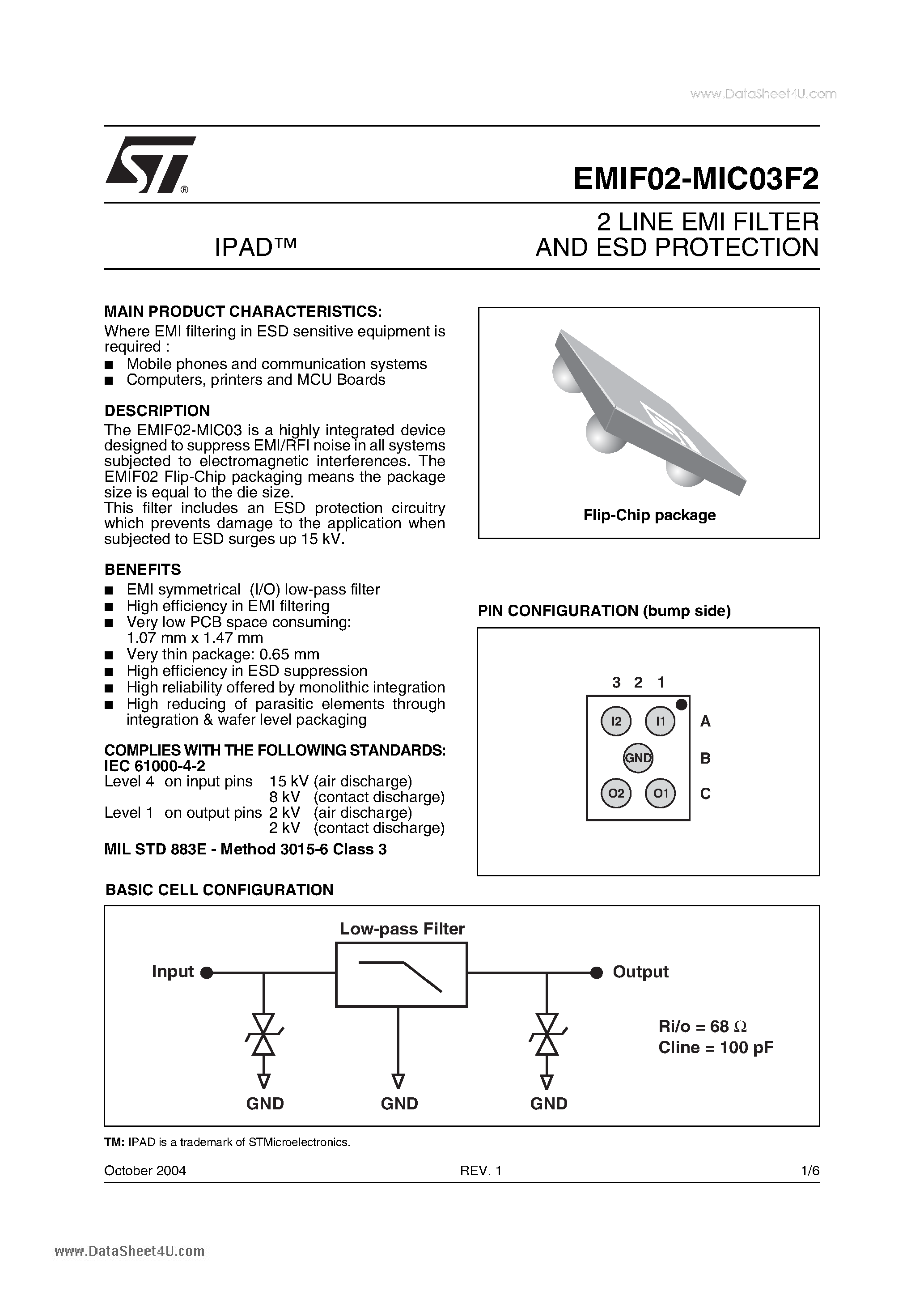 Даташит на микросхему EMIF02-MIC03F2 страница 1 Даташит EMIF02-MIC03F2 - 2 LINE EMI FILTER AND ESD PROTECTION страница 1