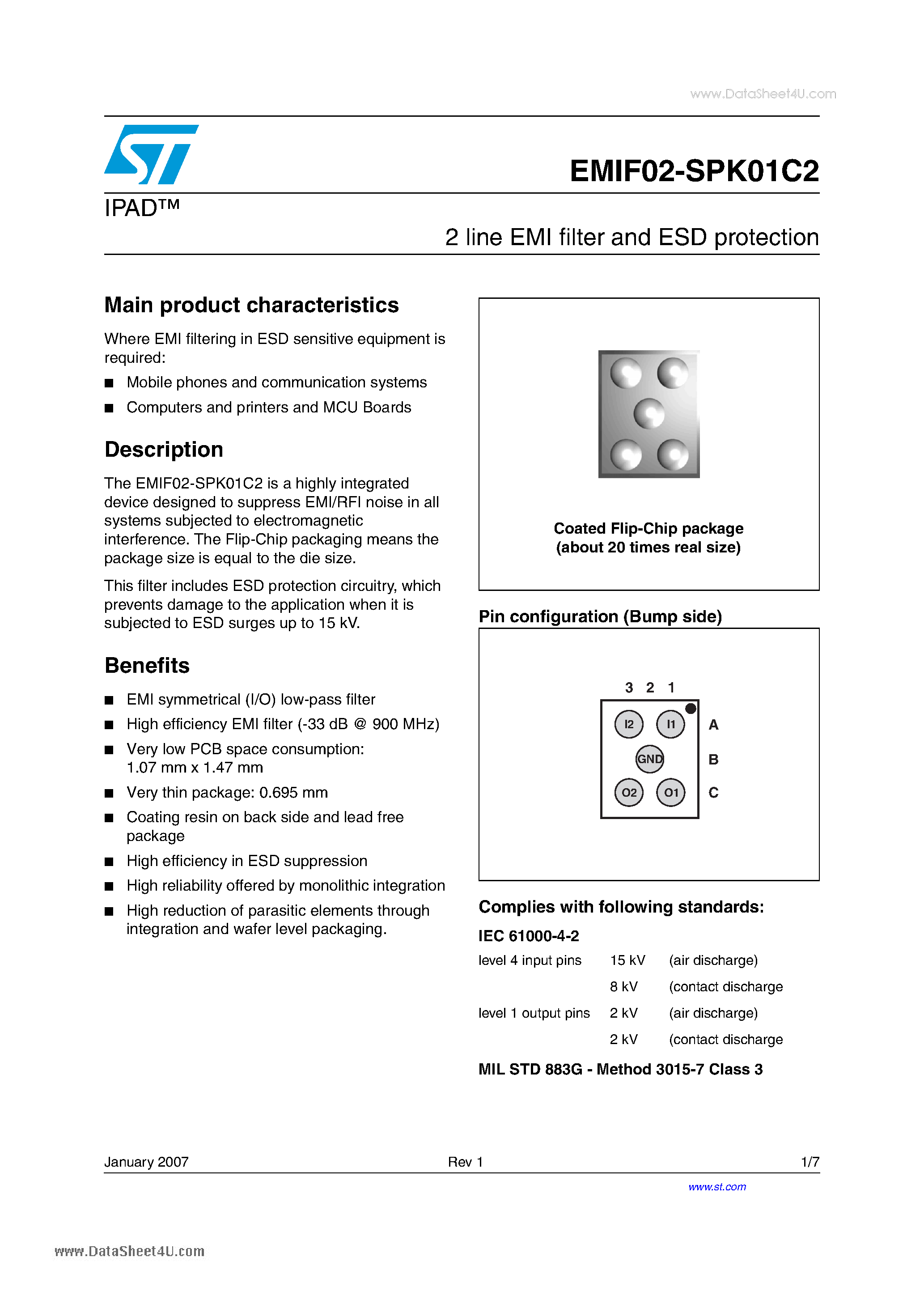 Даташит на микросхему EMIF02-SPK01C2 страница 1 Даташит EMIF02-SPK01C2 - 2 line EMI filter and ESD protection страница 1