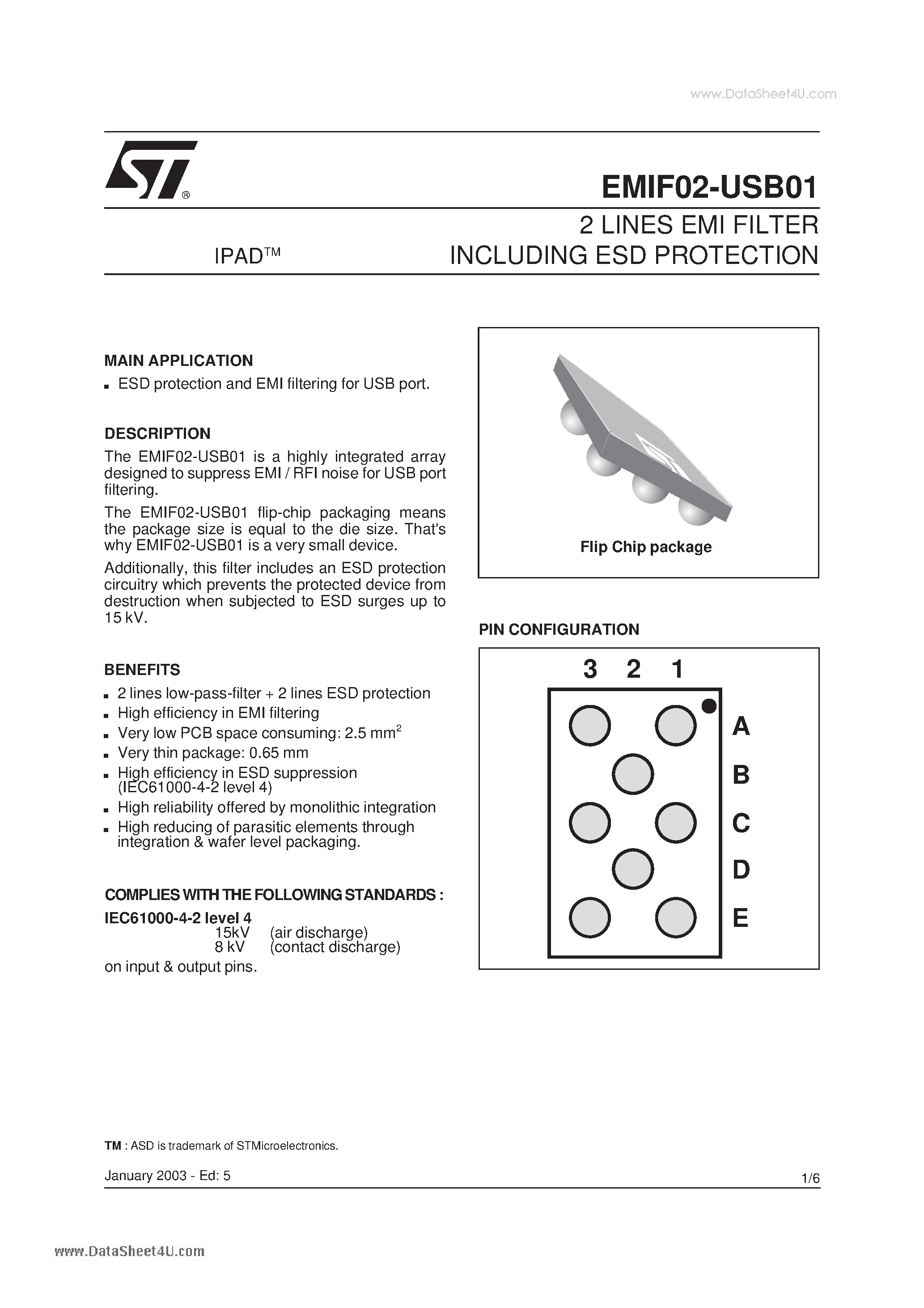 Даташит EMIF02-USB01 - 2 LINES EMI FILTER INCLUDING ESD PROTECTION страница 1