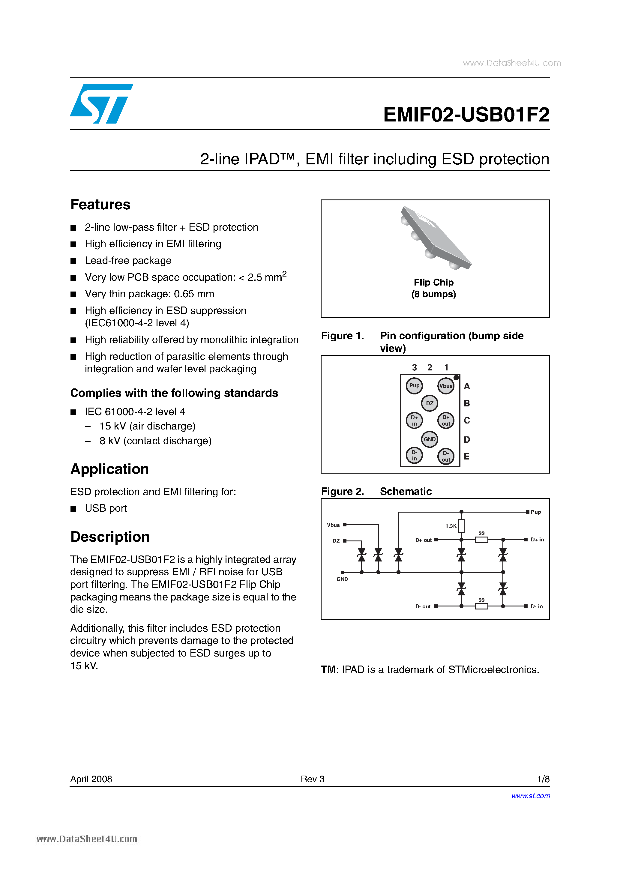 Даташит EMIF02-USB01F2 - 2-line IPAD EMI filter including ESD protection страница 1