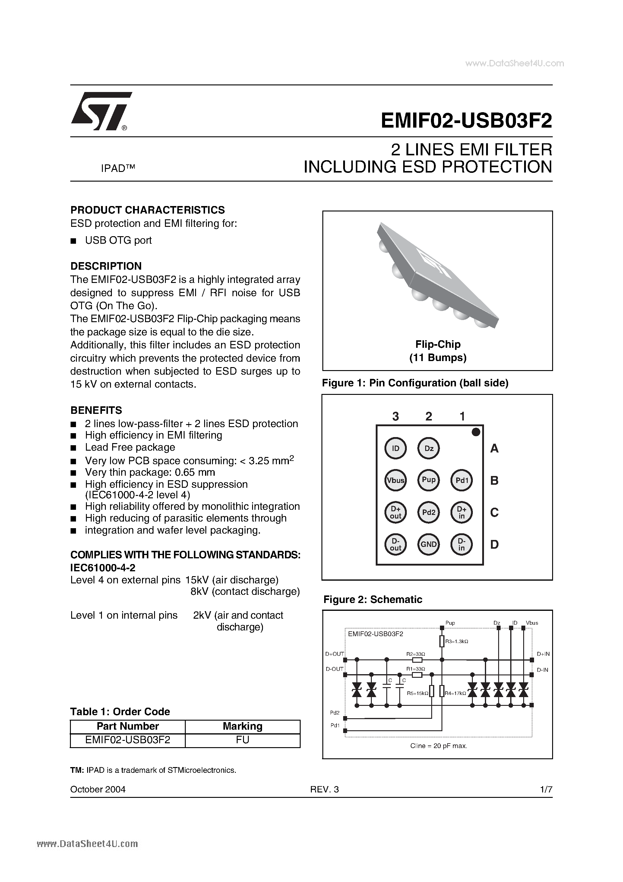 Даташит на микросхему EMIF02-USB03F2 страница 1 Даташит EMIF02-USB03F2 - 2 LINES EMI FILTER INCLUDING ESD PROTECTION страница 1