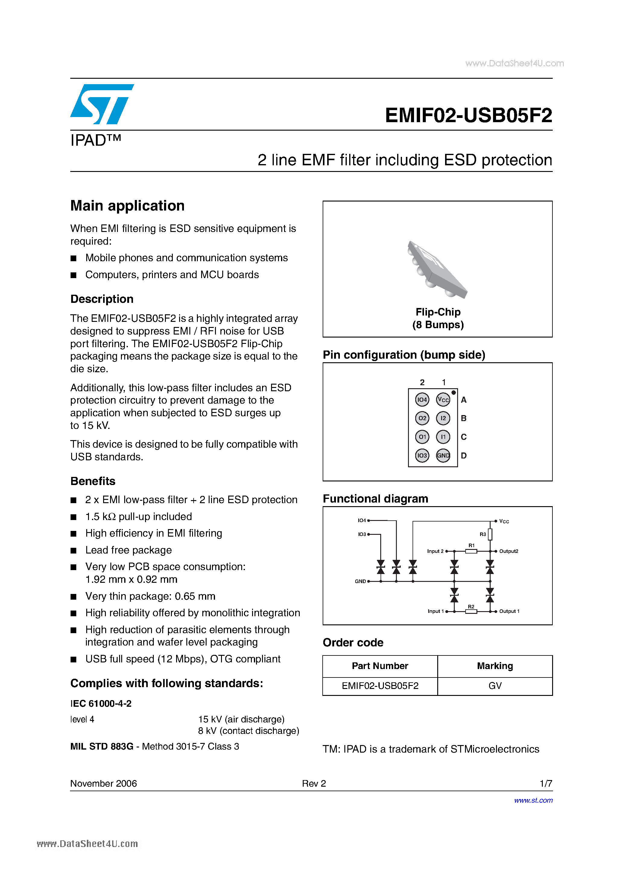 Даташит на микросхему EMIF02-USB05F2 страница 1 Даташит EMIF02-USB05F2 - 2 line EMF filter including ESD protection страница 1