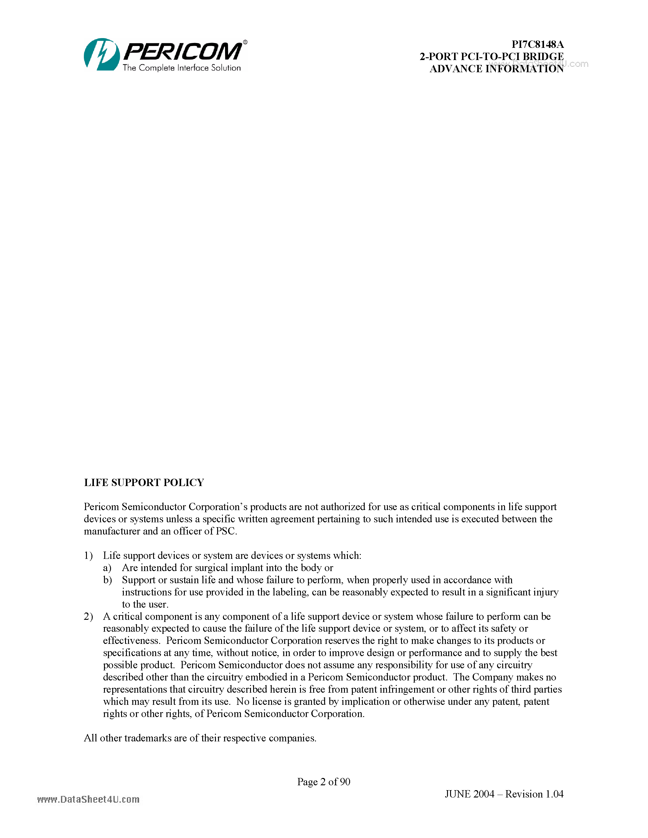 Datasheet PI7C8148A - 2-PORT PCI-TO-PCI BRIDGE ADVANCE INFORMATION page 2