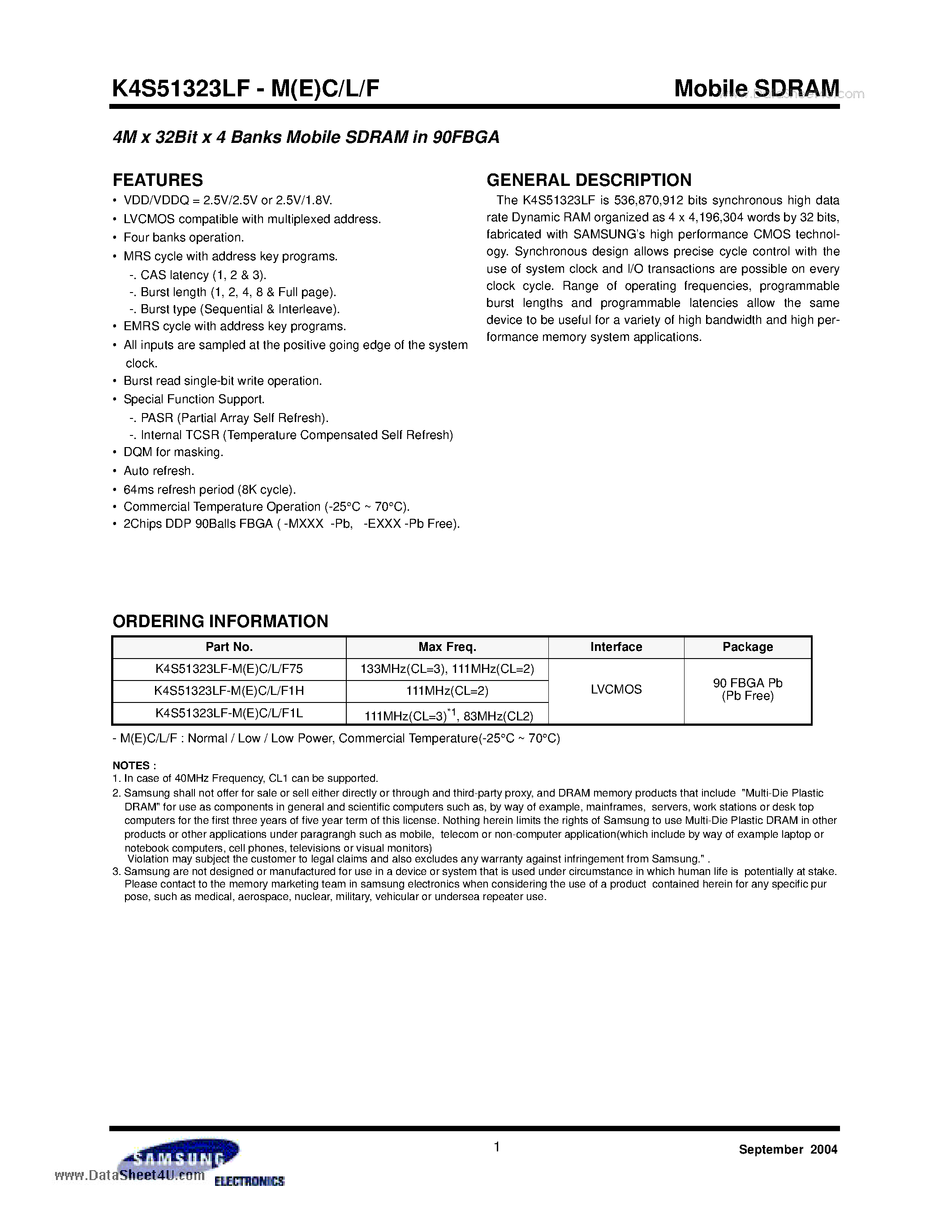 Datasheet K4S51323LF-MC page 1 Datasheet K4S51323LF-MC - 4M x 32Bit x 4 Banks Mobile SDRAM page 1