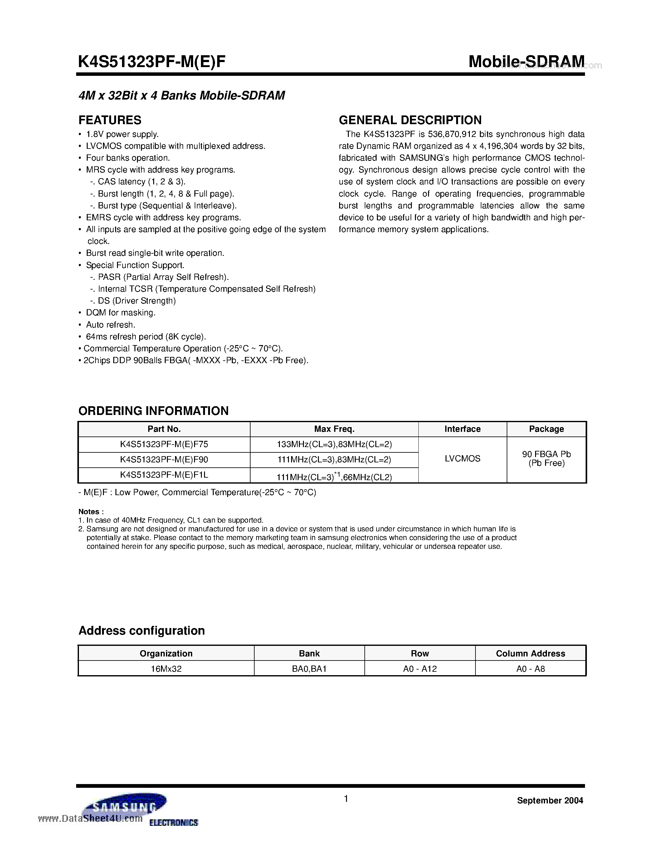 Даташит на микросхему K4S51323PF-MEF страница 1 Даташит K4S51323PF-MEF - 4M x 32Bit x 4 Banks Mobile-SDRAM страница 1