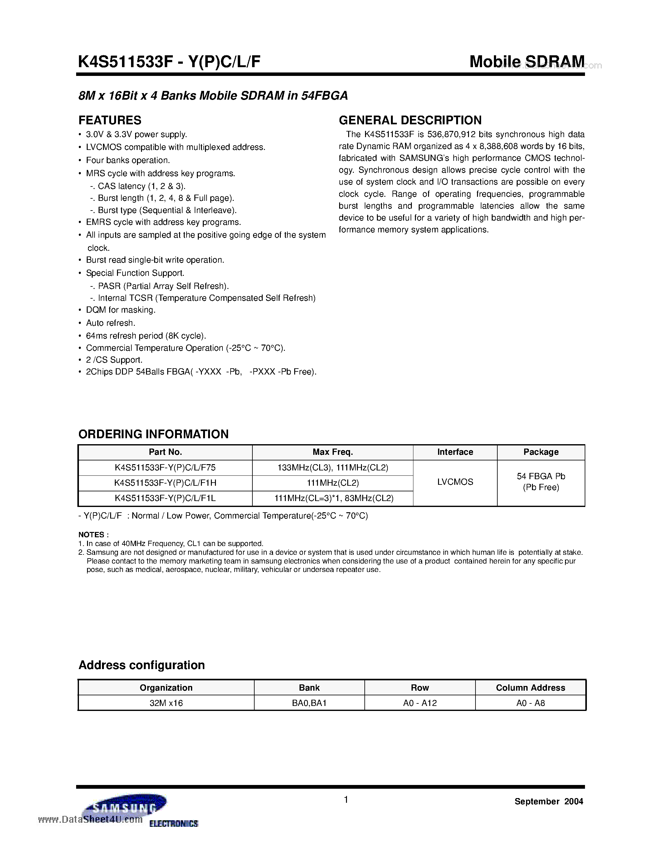 Datasheet K4S511533F-YC page 1 Datasheet K4S511533F-YC - 8M x 16Bit x 4 Banks Mobile SDRAM page 1