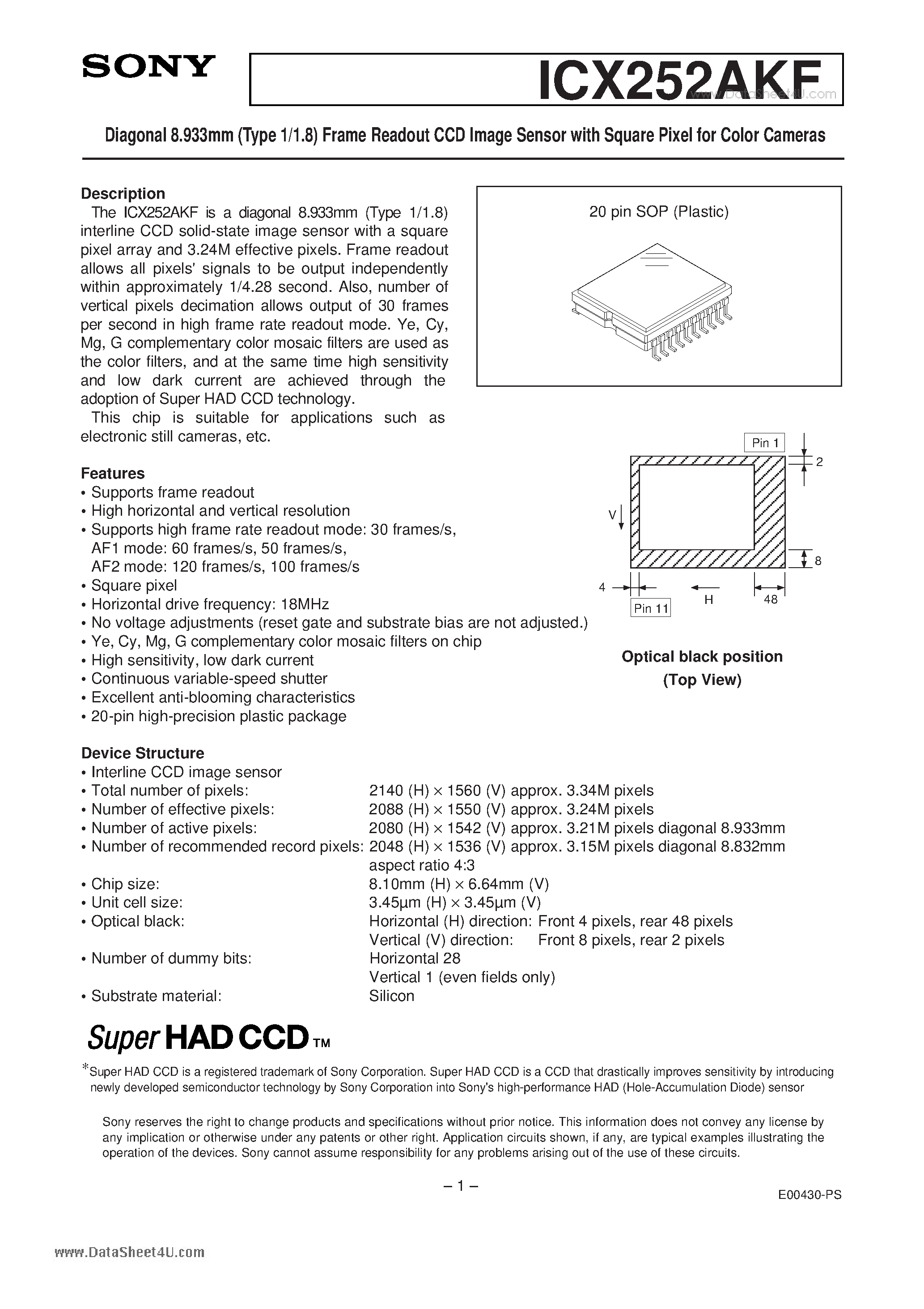 Datasheet ICX252AKF - Diagonal 8.933mm (Type 1/1.8) Frame Readout CCD Image Sensor page 1