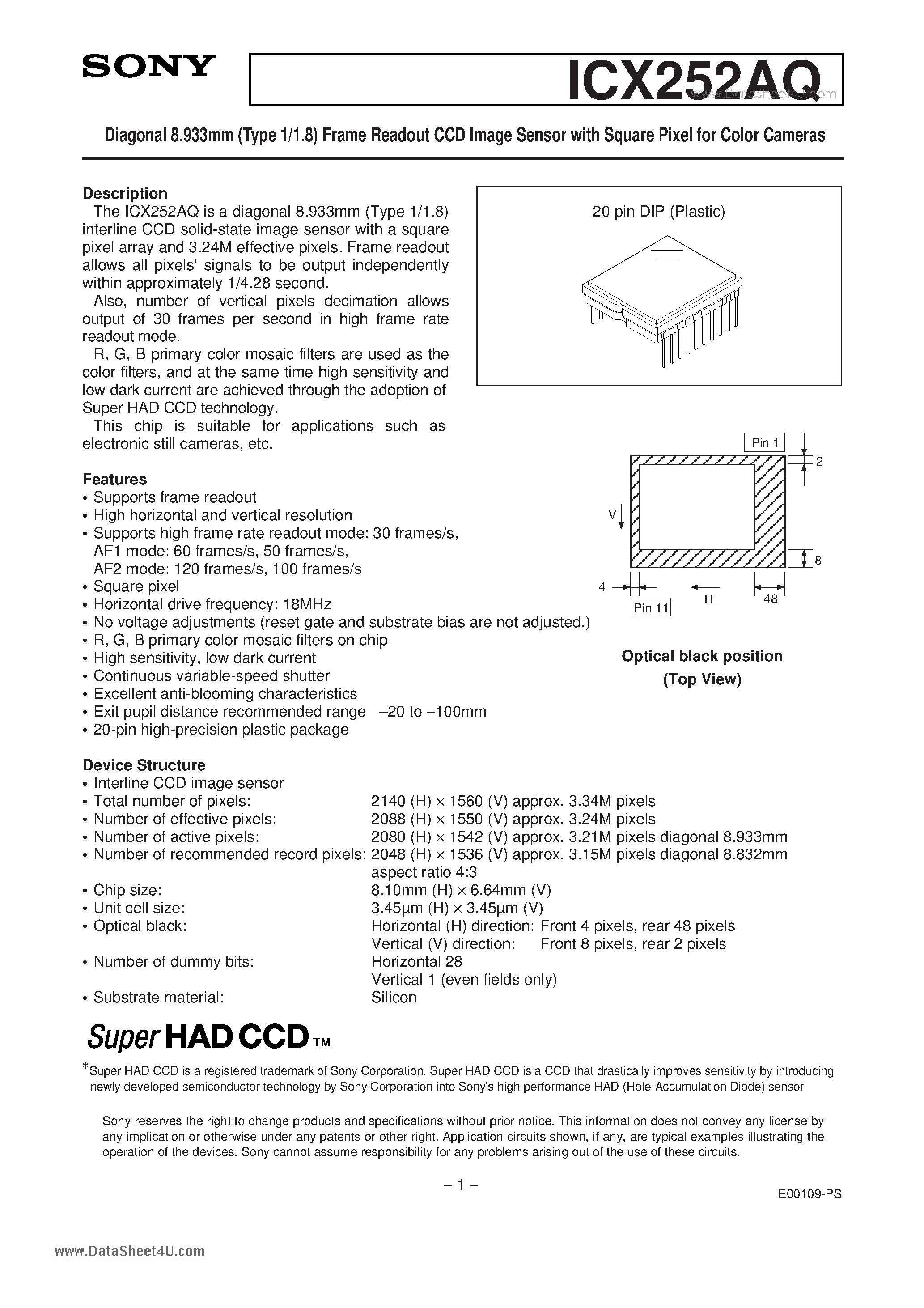 Datasheet ICX252AQ - Diagonal 8.933mm (Type 1/1.8) Frame Readout CCD Image Sensor page 1