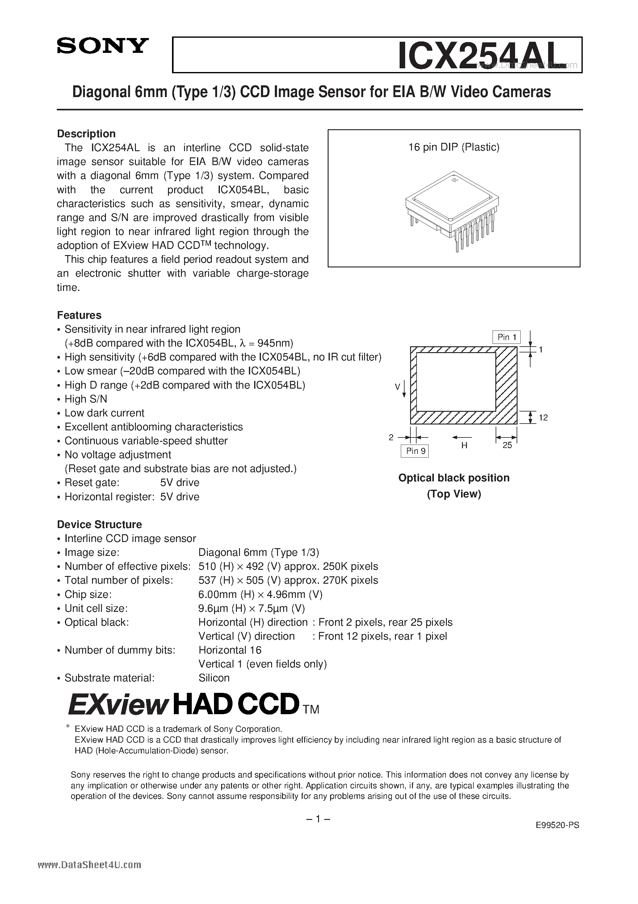 Даташит ICX254AL - Diagonal 6mm (Type 1/3) CCD Image Sensor страница 1