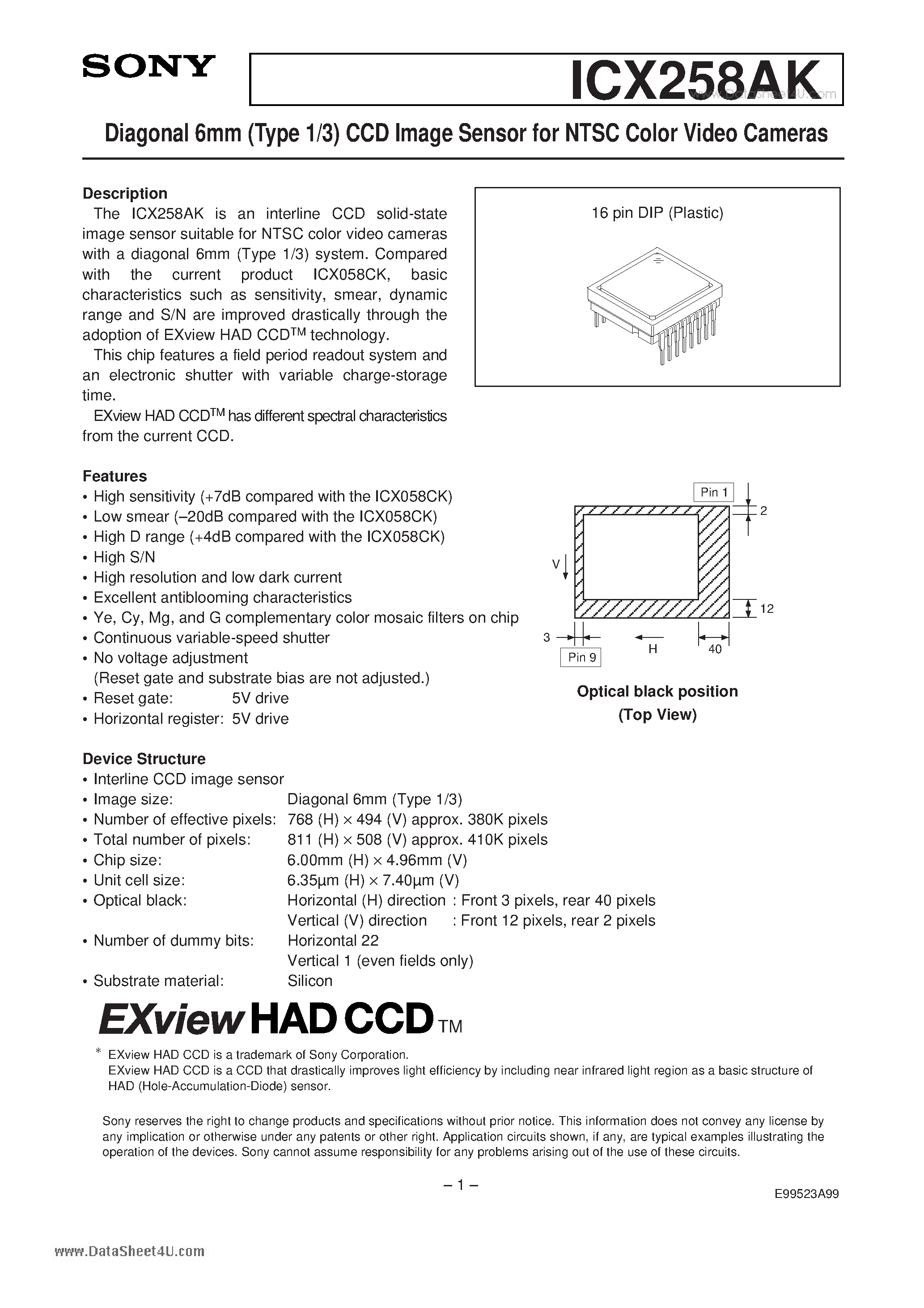 Даташит ICX258AK - Diagonal 6mm (Type 1/3) CCD Image Sensor страница 1