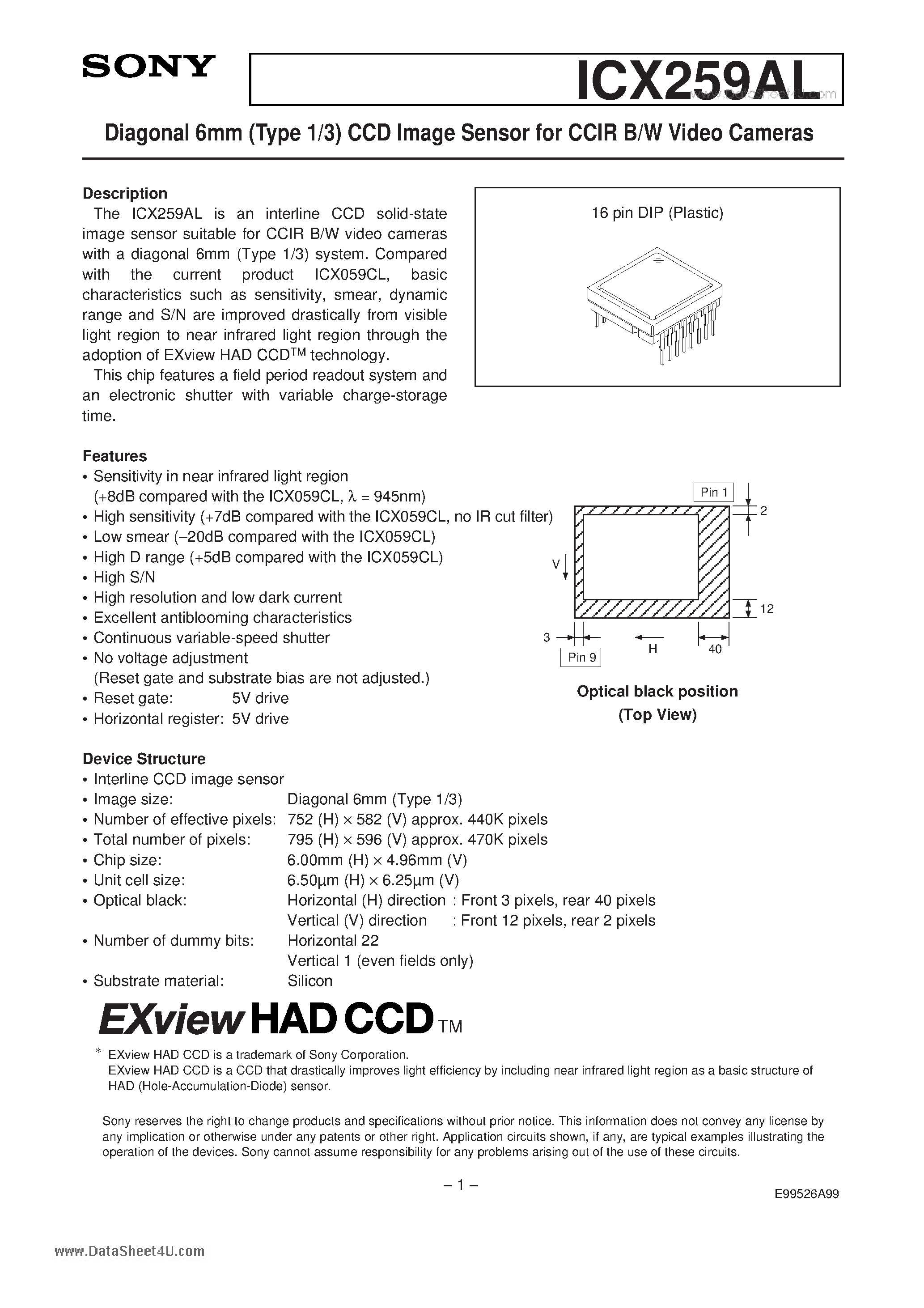 Даташит ICX259AL - Diagonal 6mm (Type 1/3) CCD Image Sensor страница 1