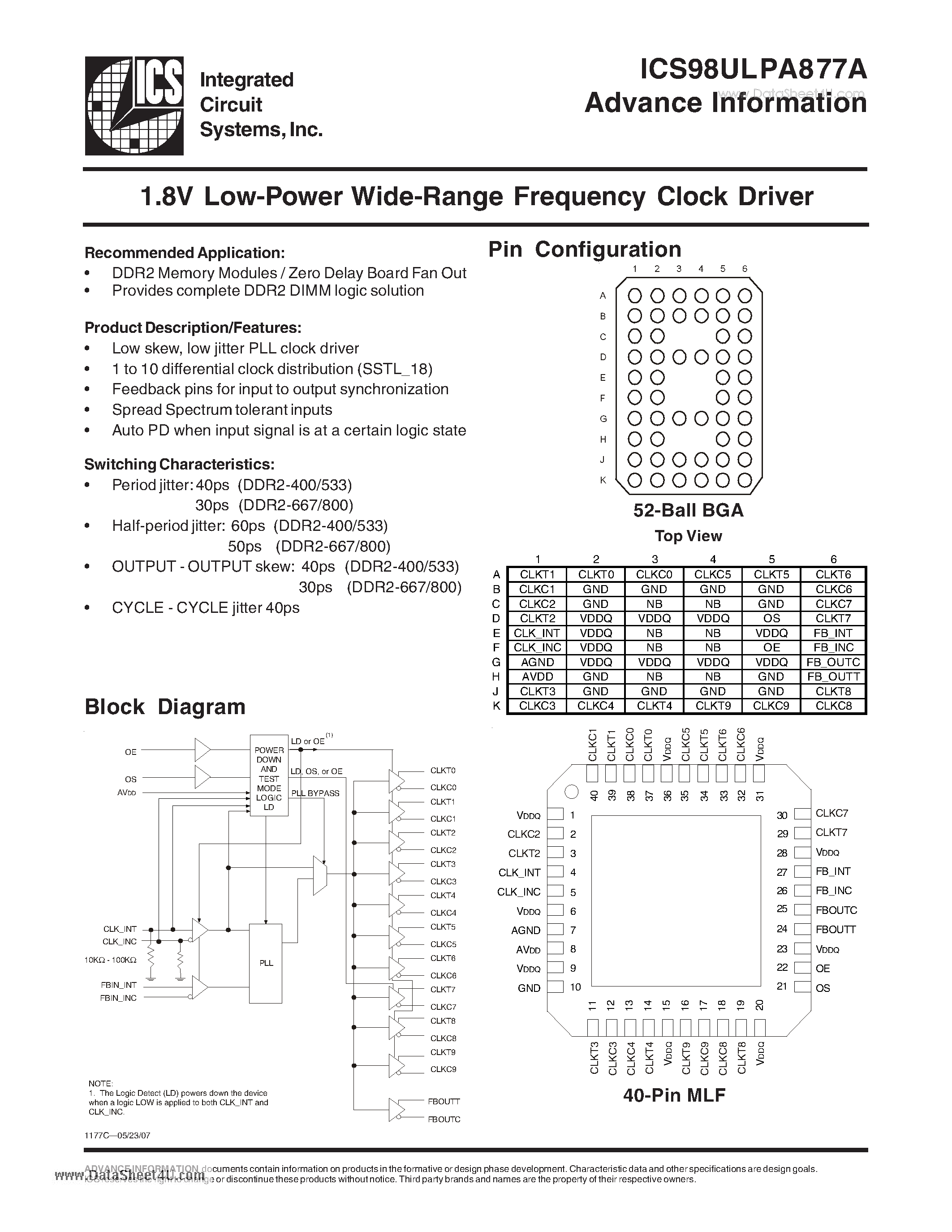 Даташит на микросхему ICS98ULPA877A страница 1 Даташит ICS98ULPA877A - 1.8V Low-Power Wide-Range Frequency Clock Driver страница 1