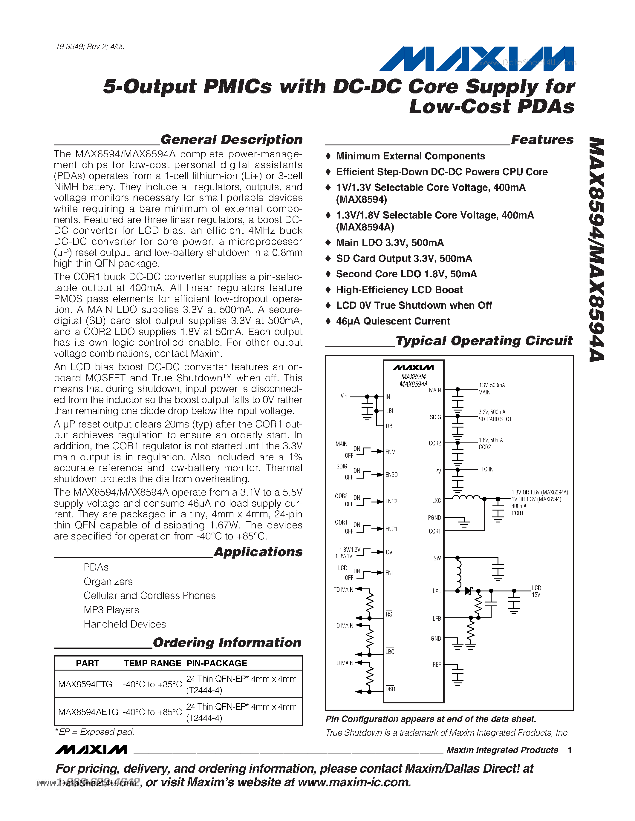 Datasheet MAX8594 - 5-Output PMICs with DC-DC Core Supply page 1