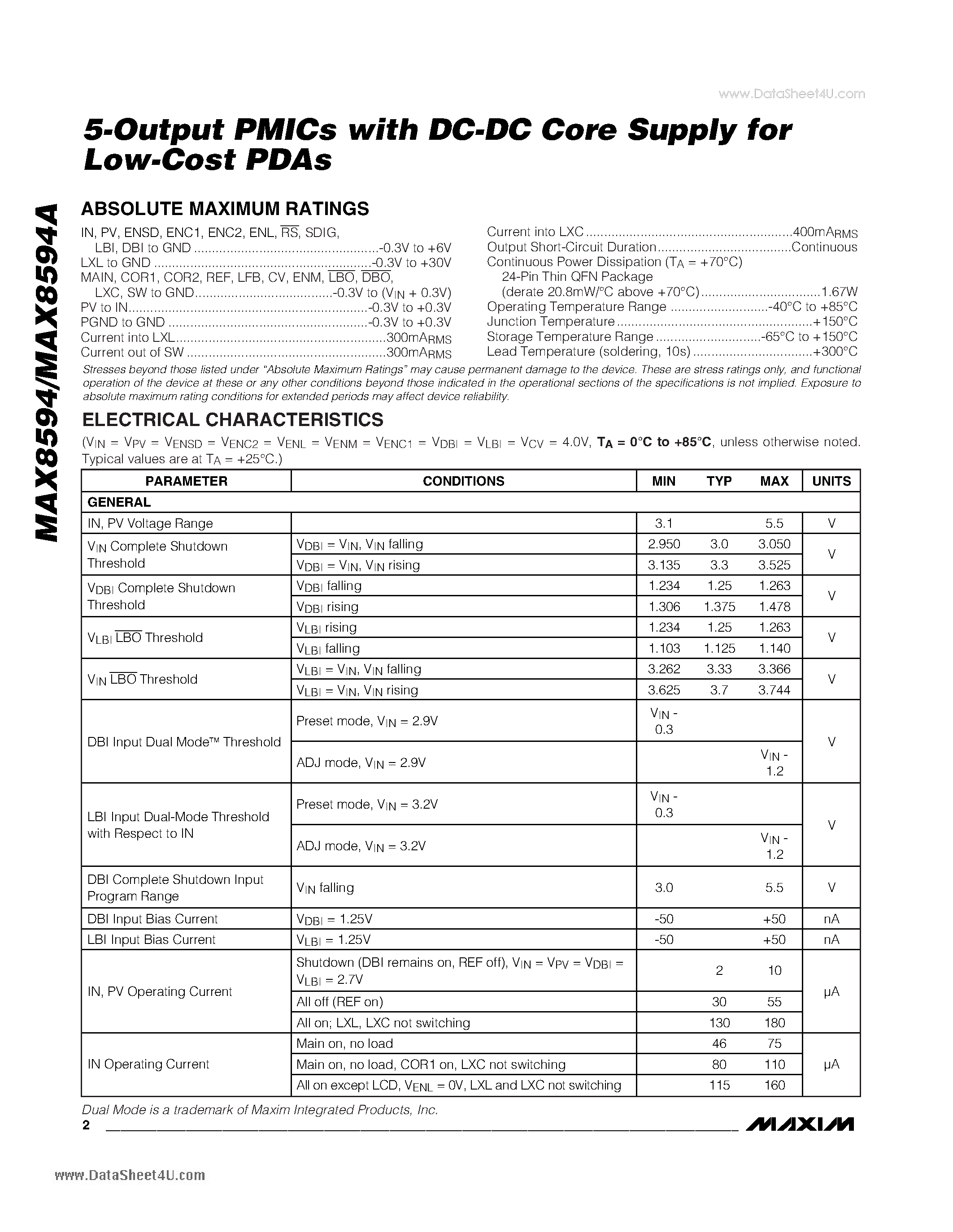 Datasheet MAX8594 - 5-Output PMICs with DC-DC Core Supply page 2