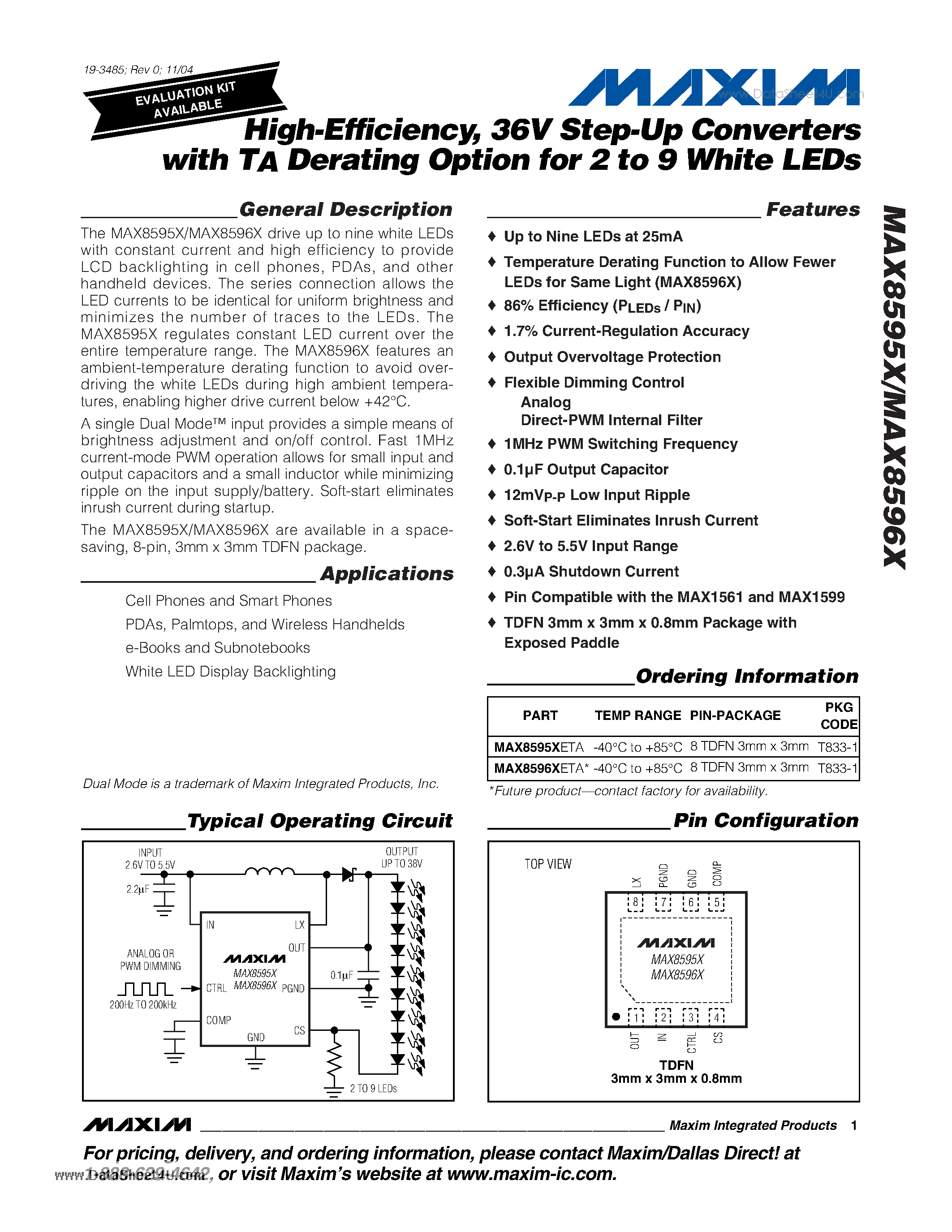 Datasheet MAX8595X - High-Efficiency 36V Step-Up Converters page 1