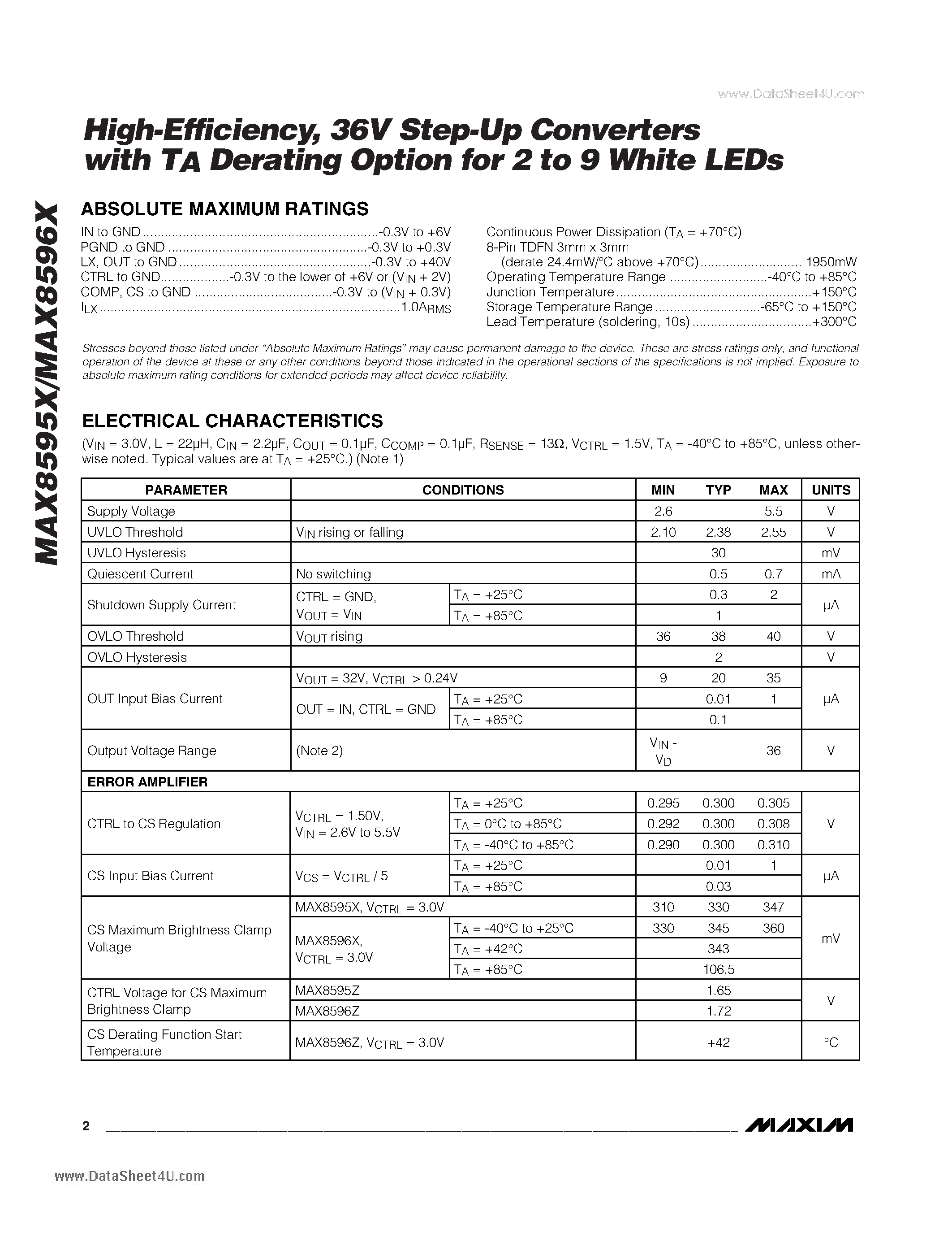 Datasheet MAX8595X - High-Efficiency 36V Step-Up Converters page 2