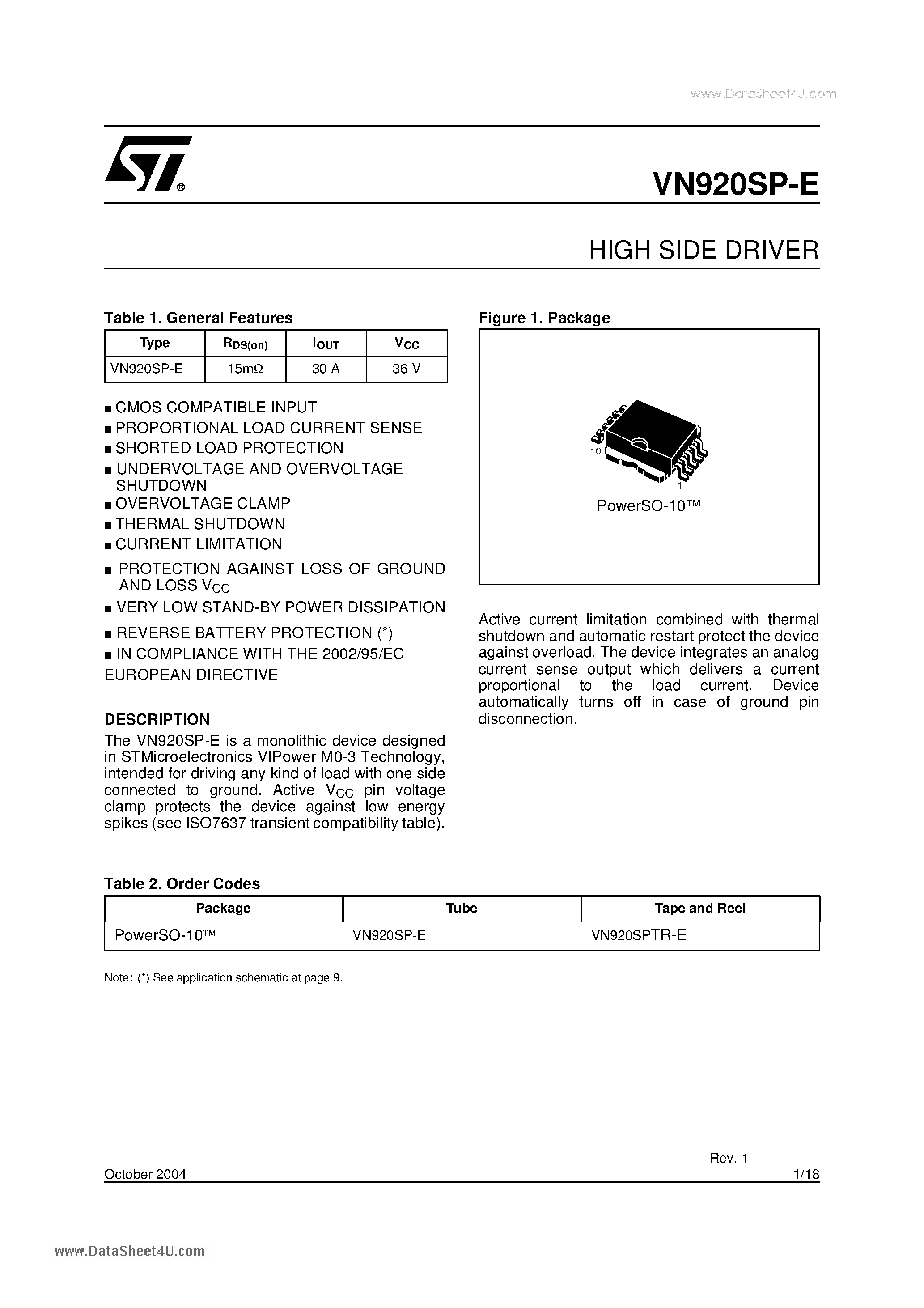 Даташит VN920SP-E - HIGH SIDE DRIVER страница 1