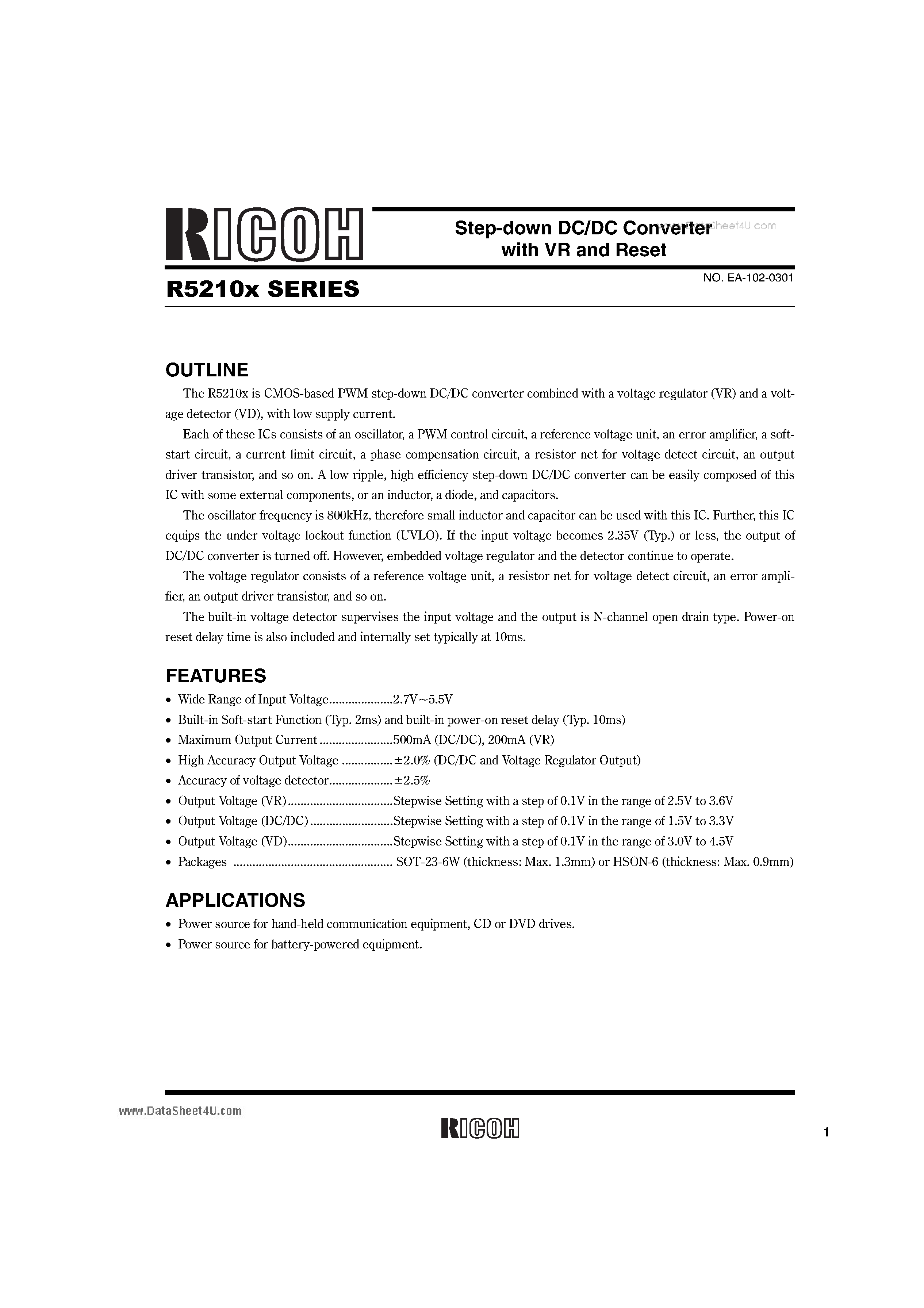 Datasheet R5210X - Step-down DC/DC Converter page 1