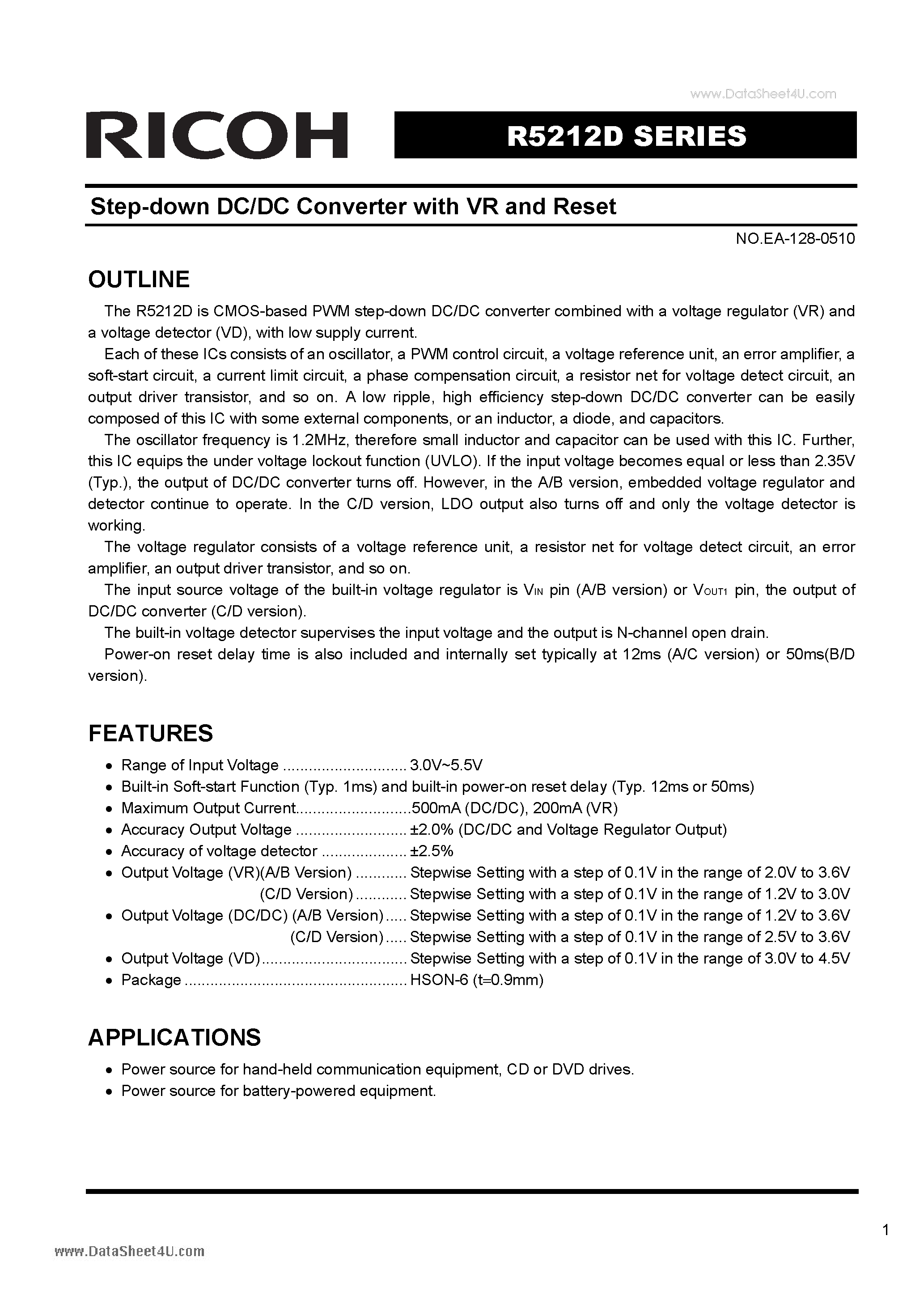 Datasheet R5212D - Step-down DC/DC Converter page 1