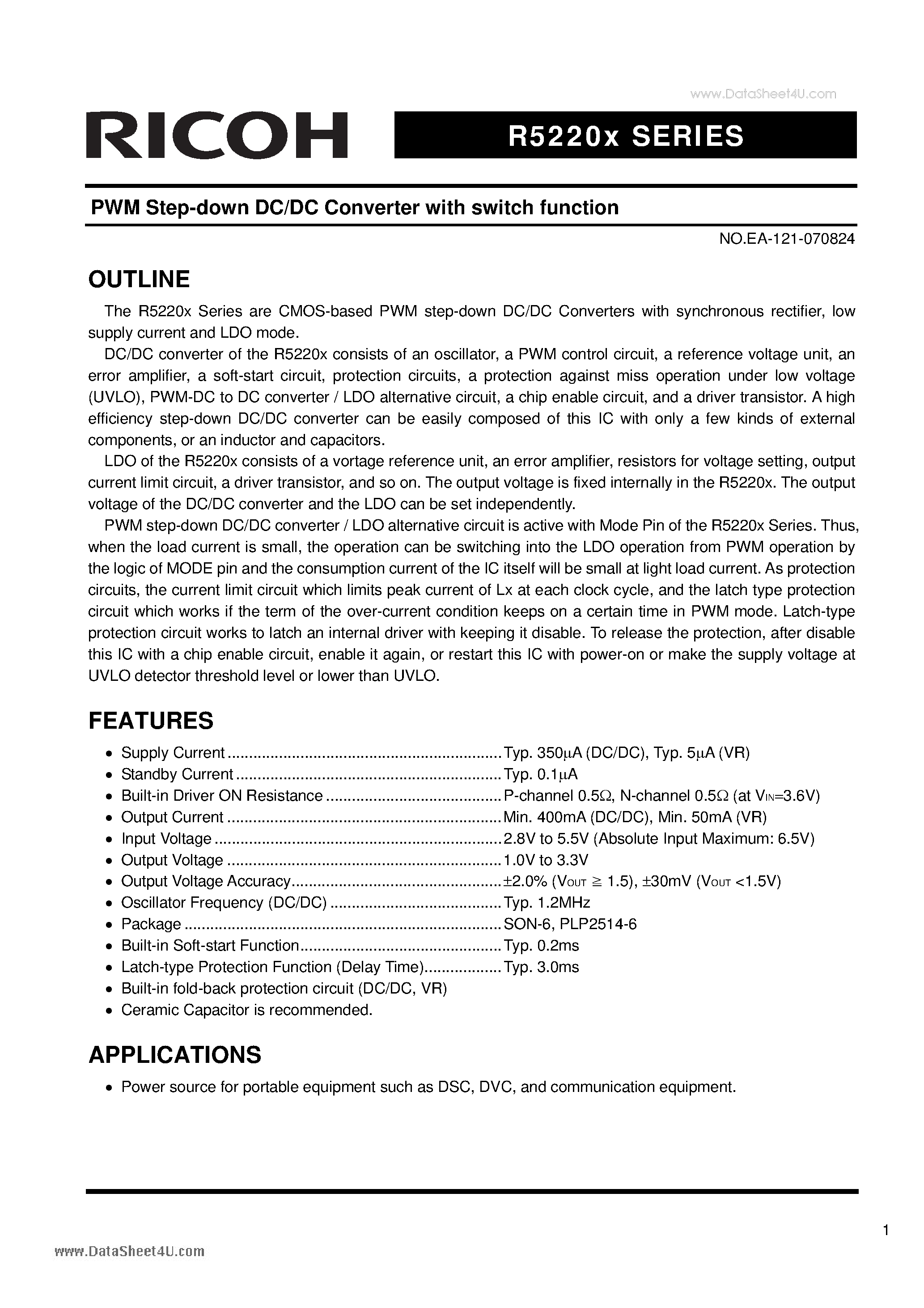 Datasheet R5220x - PWM Step-down DC/DC Converter page 1