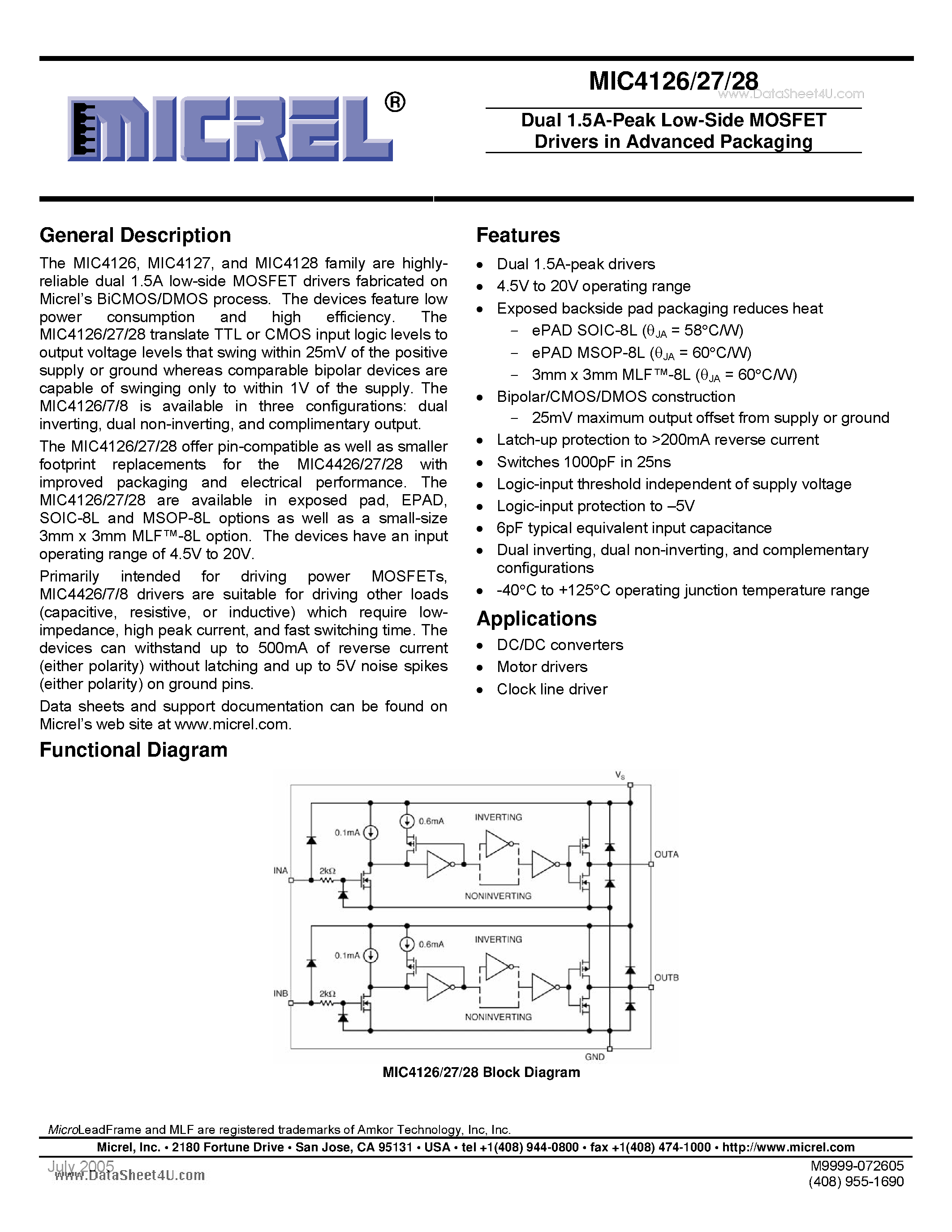 Datasheet MIC4126 - Dual 1.5A-Peak Low-Side MOSFET Drivers page 1