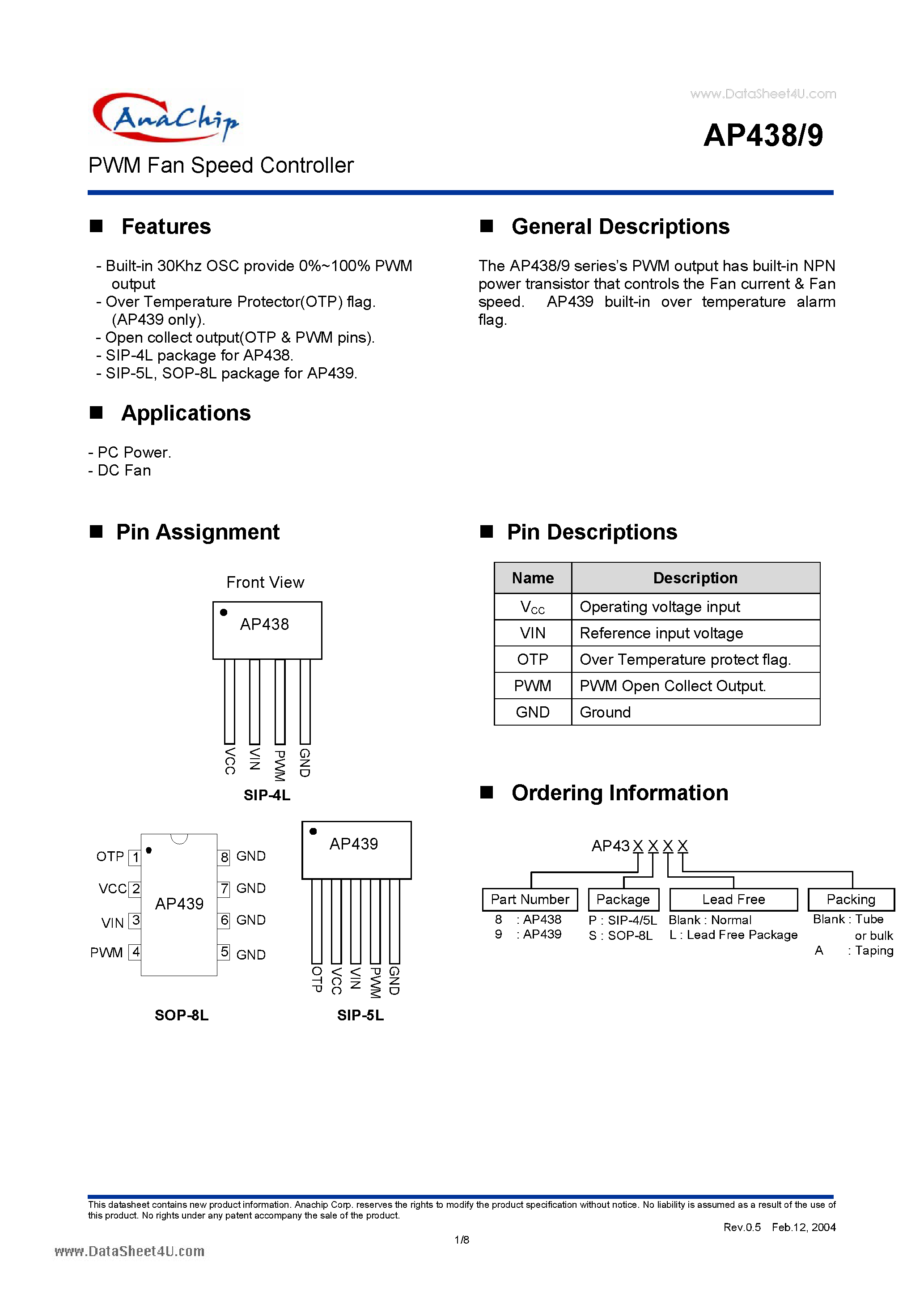 Datasheet AP438 page 1 Datasheet AP438 - PWM Fan Speed Controller page 1