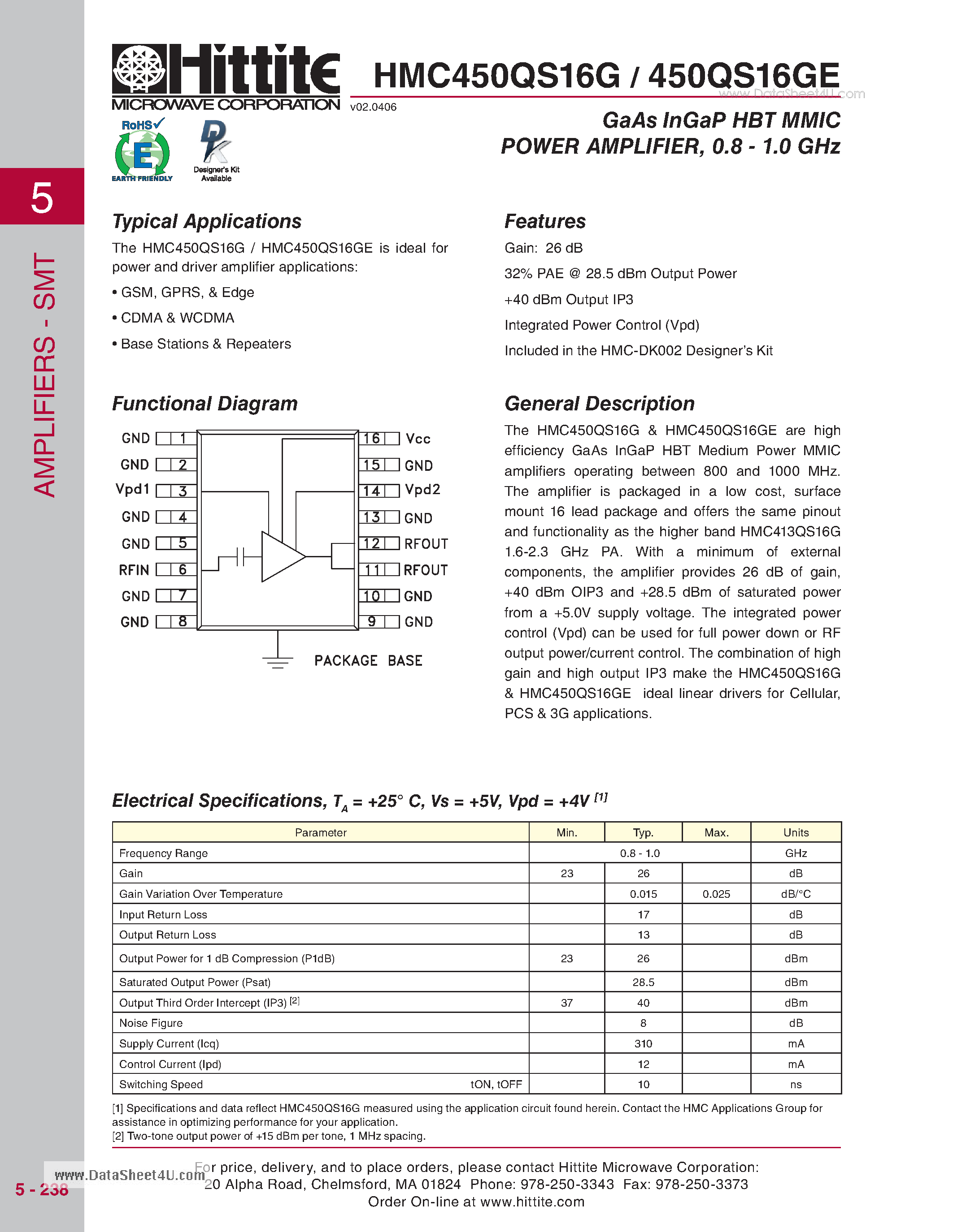 Datasheet HMC450QS16G - GaAs InGaP HBT MMIC POWER AMPLIFIER 0.8 - 1.0 GHz page 1