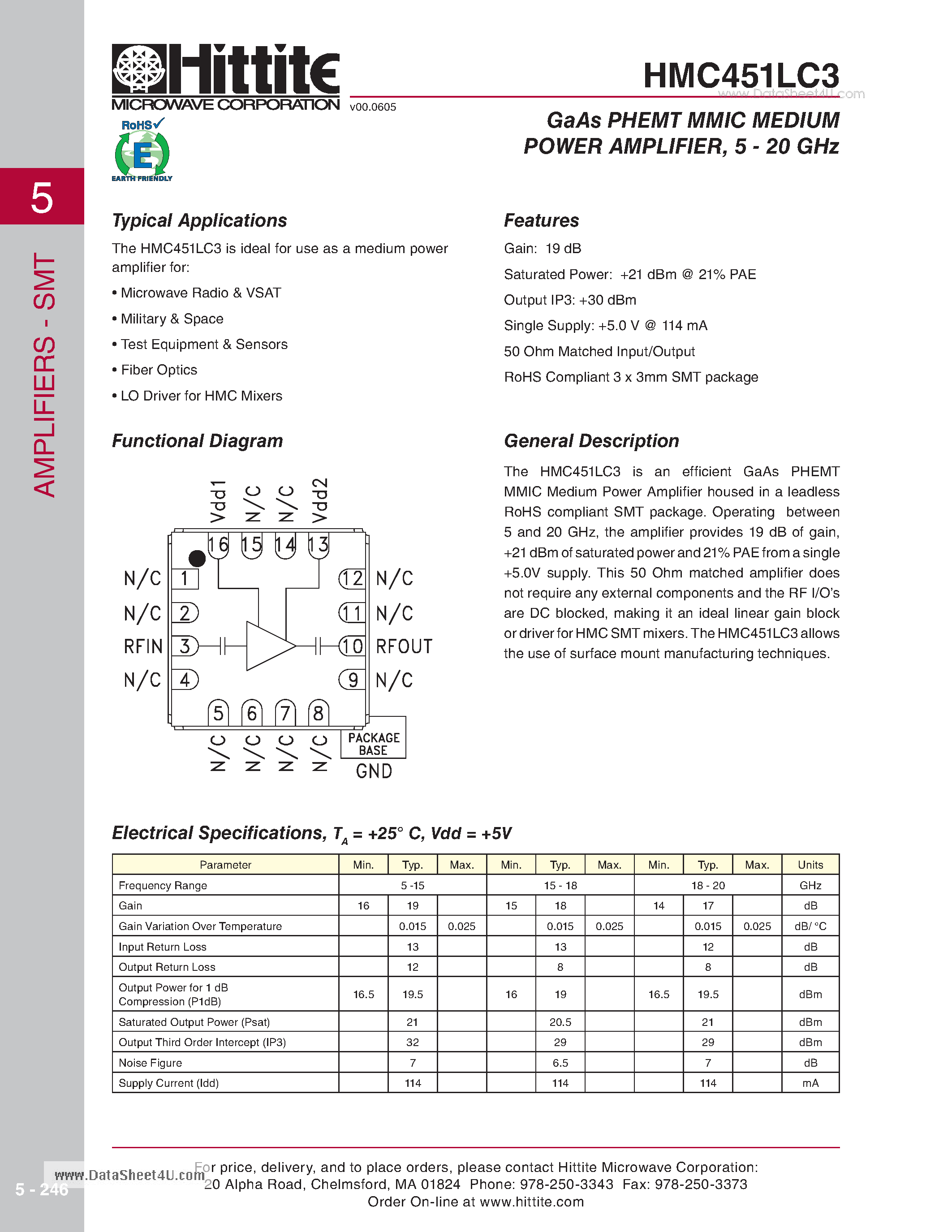 Даташит на микросхему HMC451LC3 страница 1 Даташит HMC451LC3 - GaAs PHEMT MMIC MEDIUM POWER AMPLIFIER 5 - 20 GHz страница 1