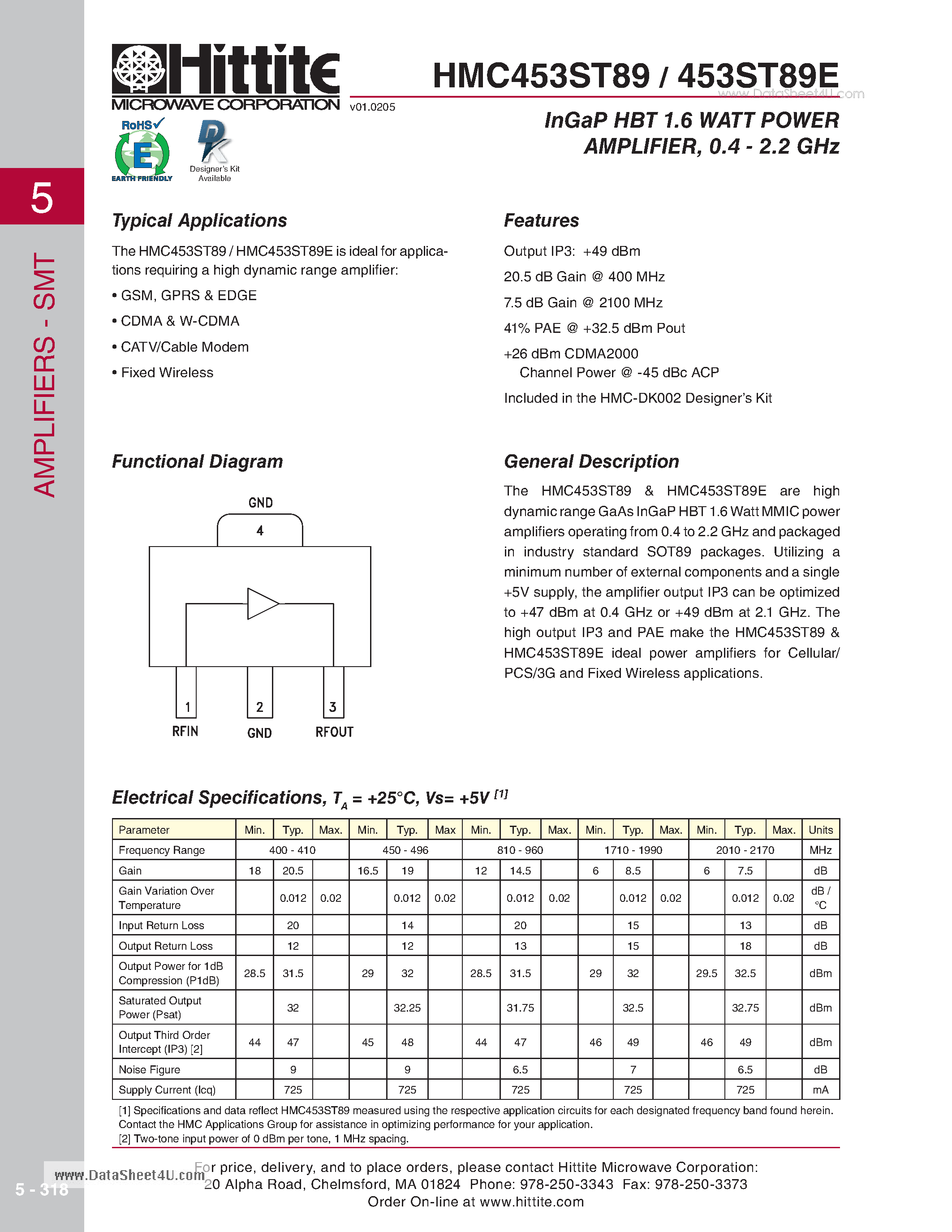 Datasheet HMC453ST89 page 1 Datasheet HMC453ST89 - InGaP HBT 1.6 WATT POWER AMPLIFIER 0.4 - 2.2 GHz page 1