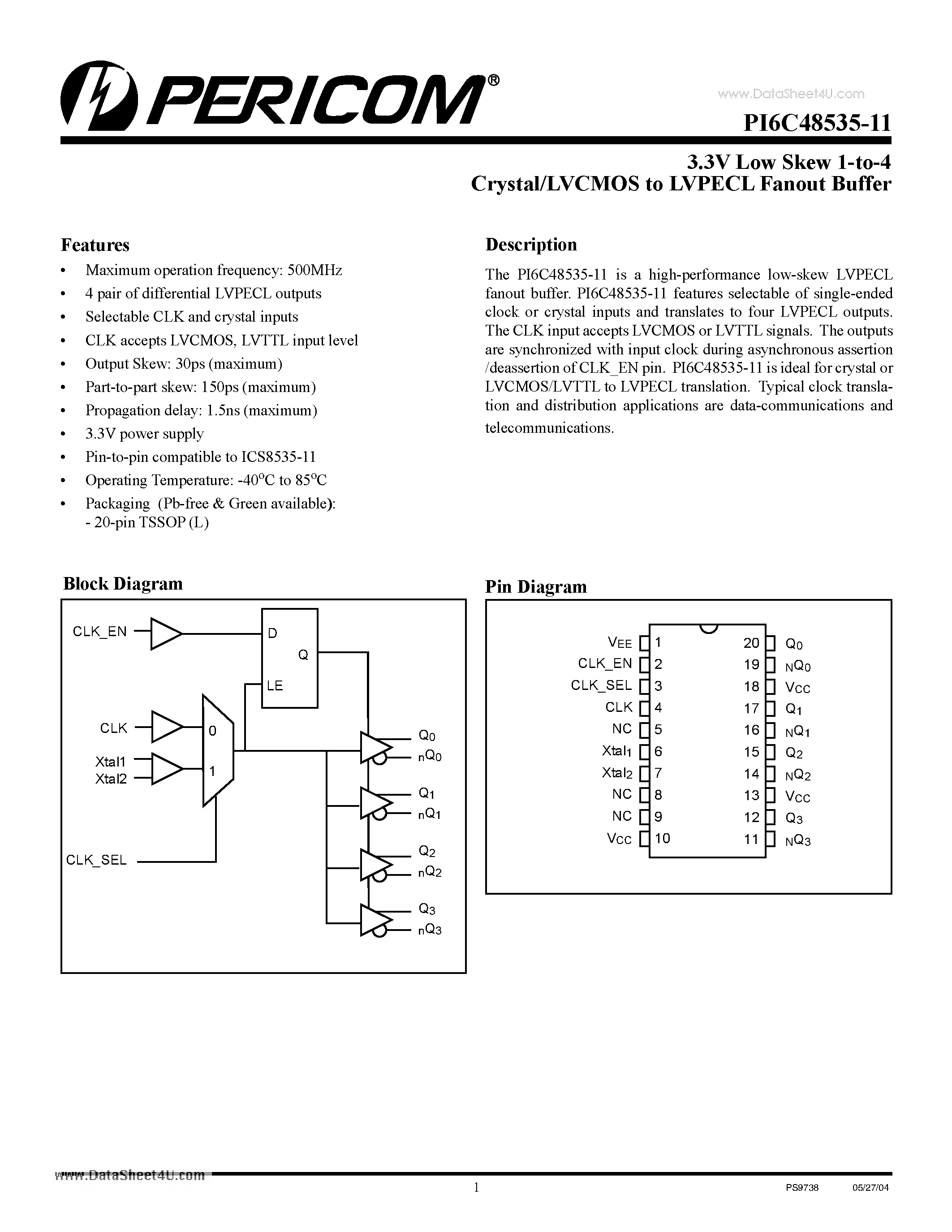 Datasheet PI6C48535-11 - 3.3V Low Skew 1-to-4 Crystal/LVCMOS to LVPECL Fanout Buffer page 1