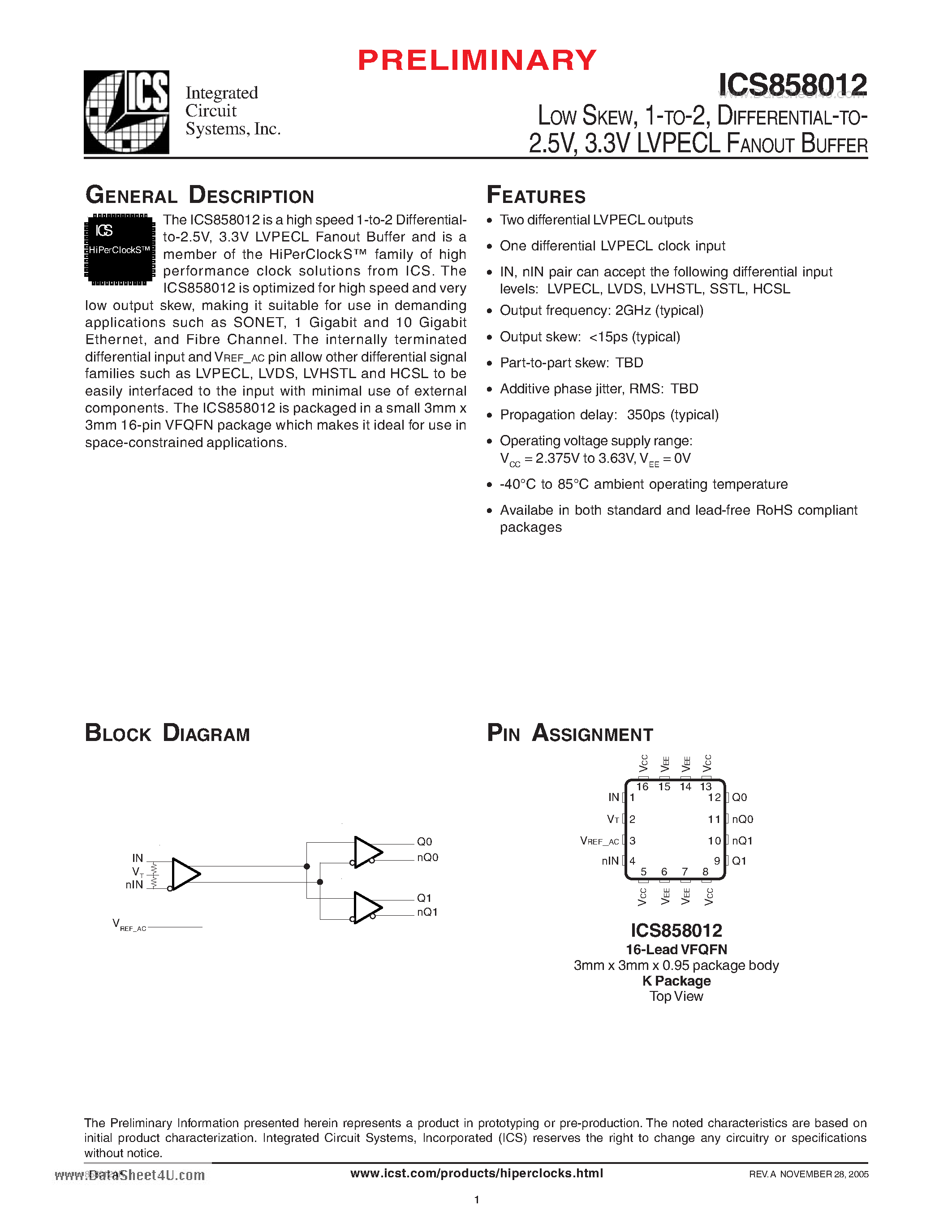 Datasheet ICS858012 - LOW SKEW 1-TO-2 DIFFERENTIAL-TO-2.5V 3.3V LVPECL FANOUT BUFFER page 1