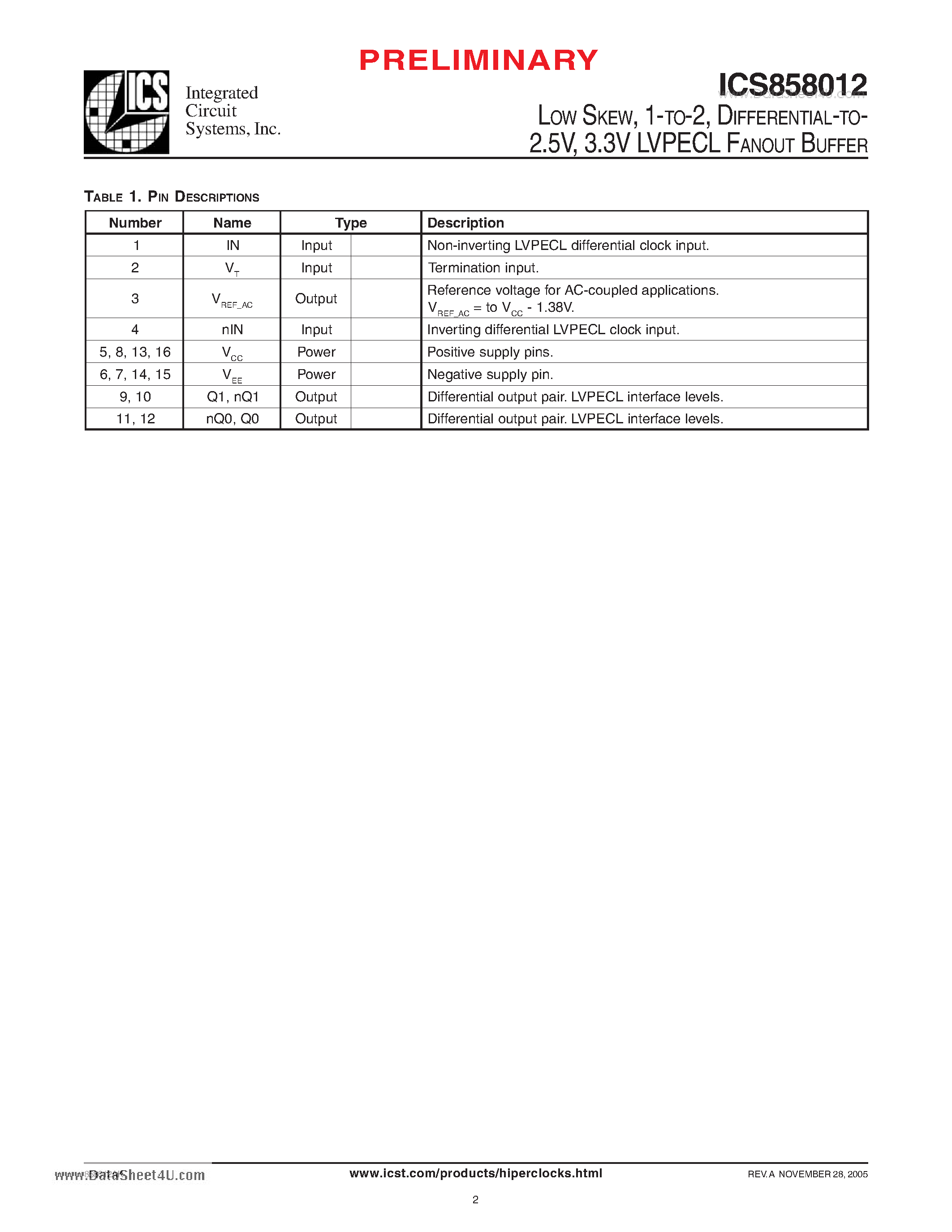 Datasheet ICS858012 - LOW SKEW 1-TO-2 DIFFERENTIAL-TO-2.5V 3.3V LVPECL FANOUT BUFFER page 2