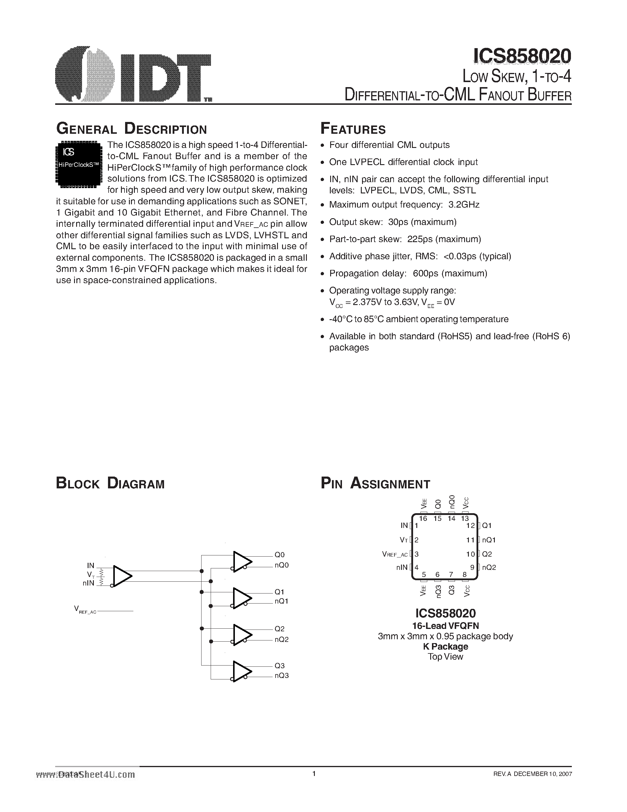 Даташит ICS858020 - LOW SKEW 1-TO-4 DIFFERENTIAL-TO-CML FANOUT BUFFER страница 1
