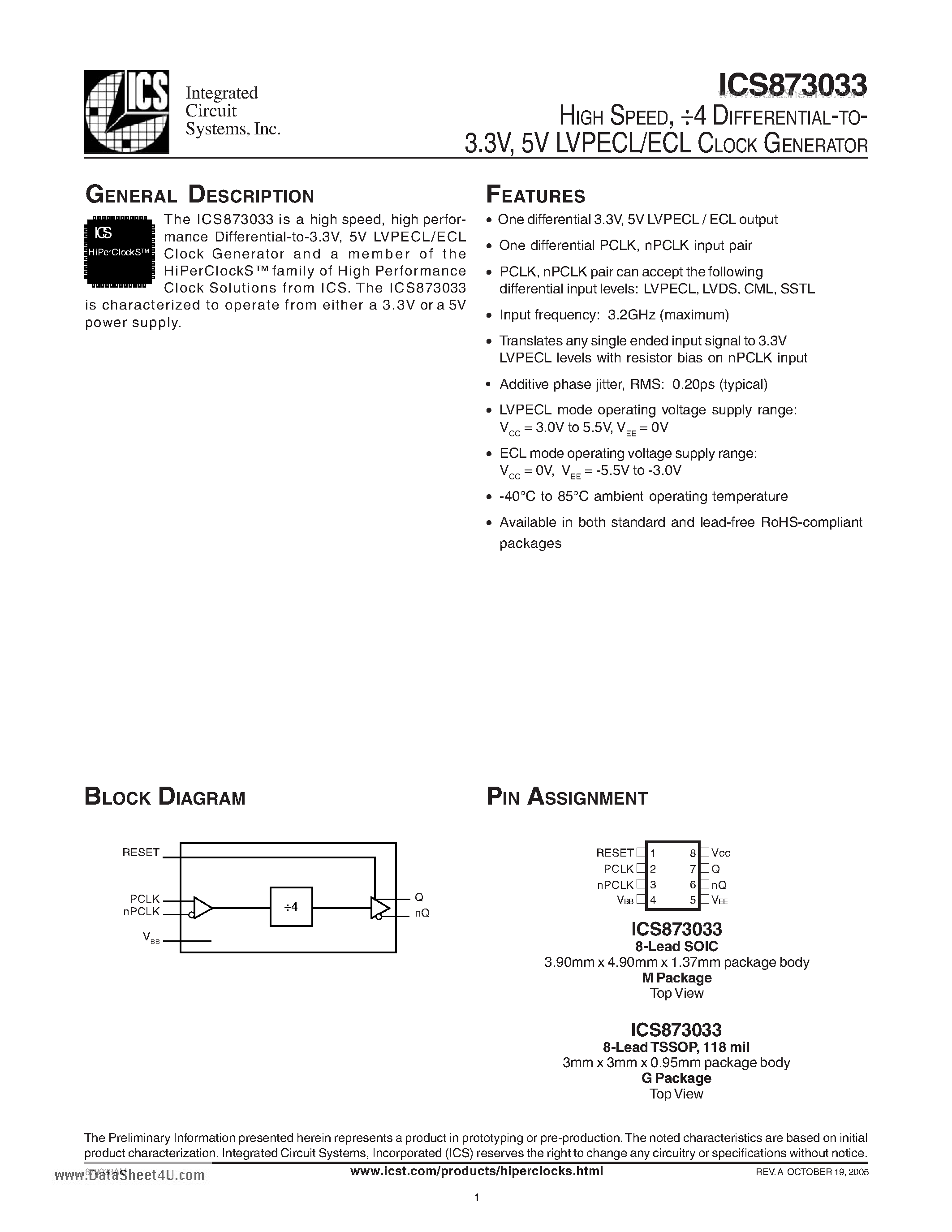 Даташит на микросхему ICS873033 страница 1 Даташит ICS873033 - HIGH SPEED 4 DIFFERENTIAL-TO- 3.3V 5V LVPECL/ECL CLOCK GENERATOR страница 1