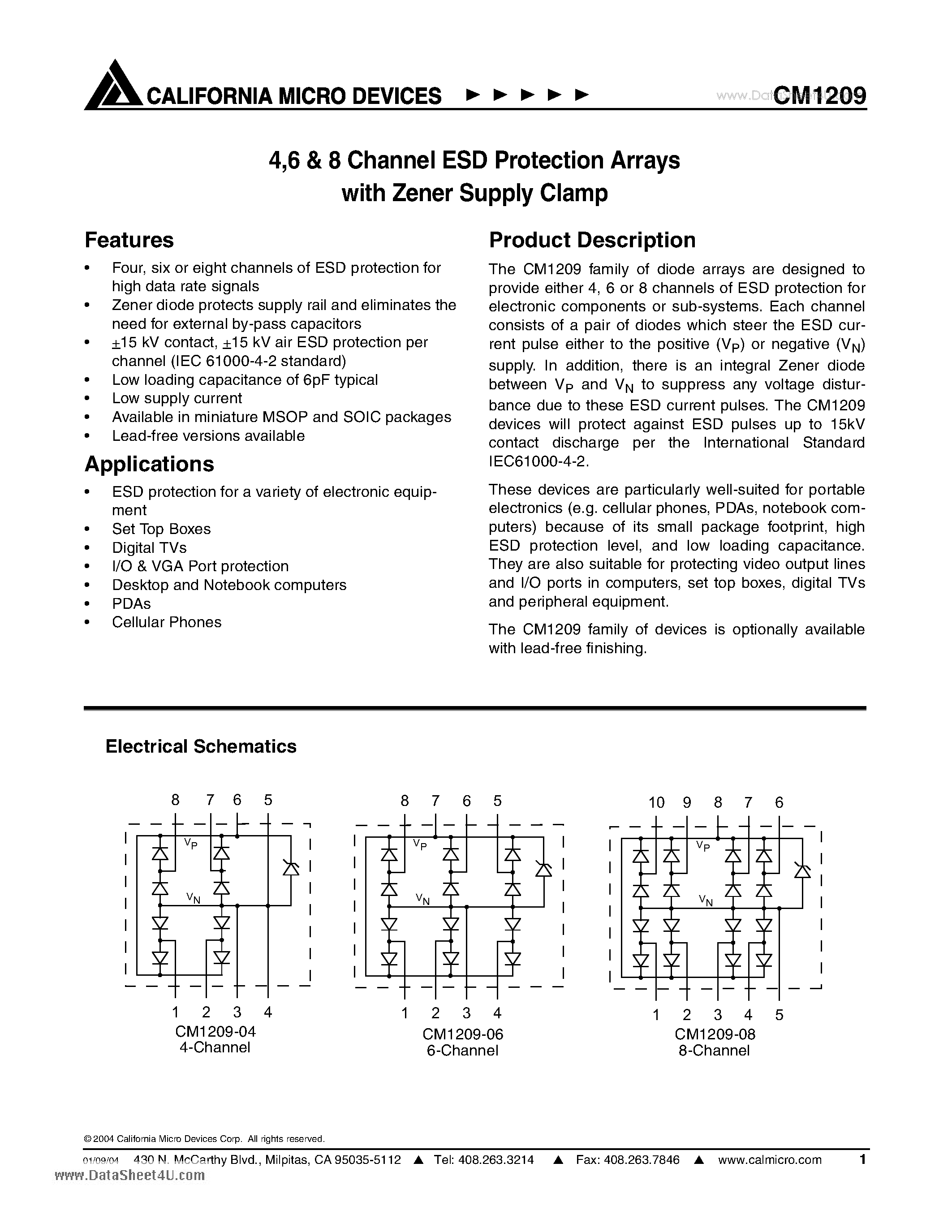 Datasheet CM1209 - 4.6 and 8 Channel ESD Protection Arrays page 1