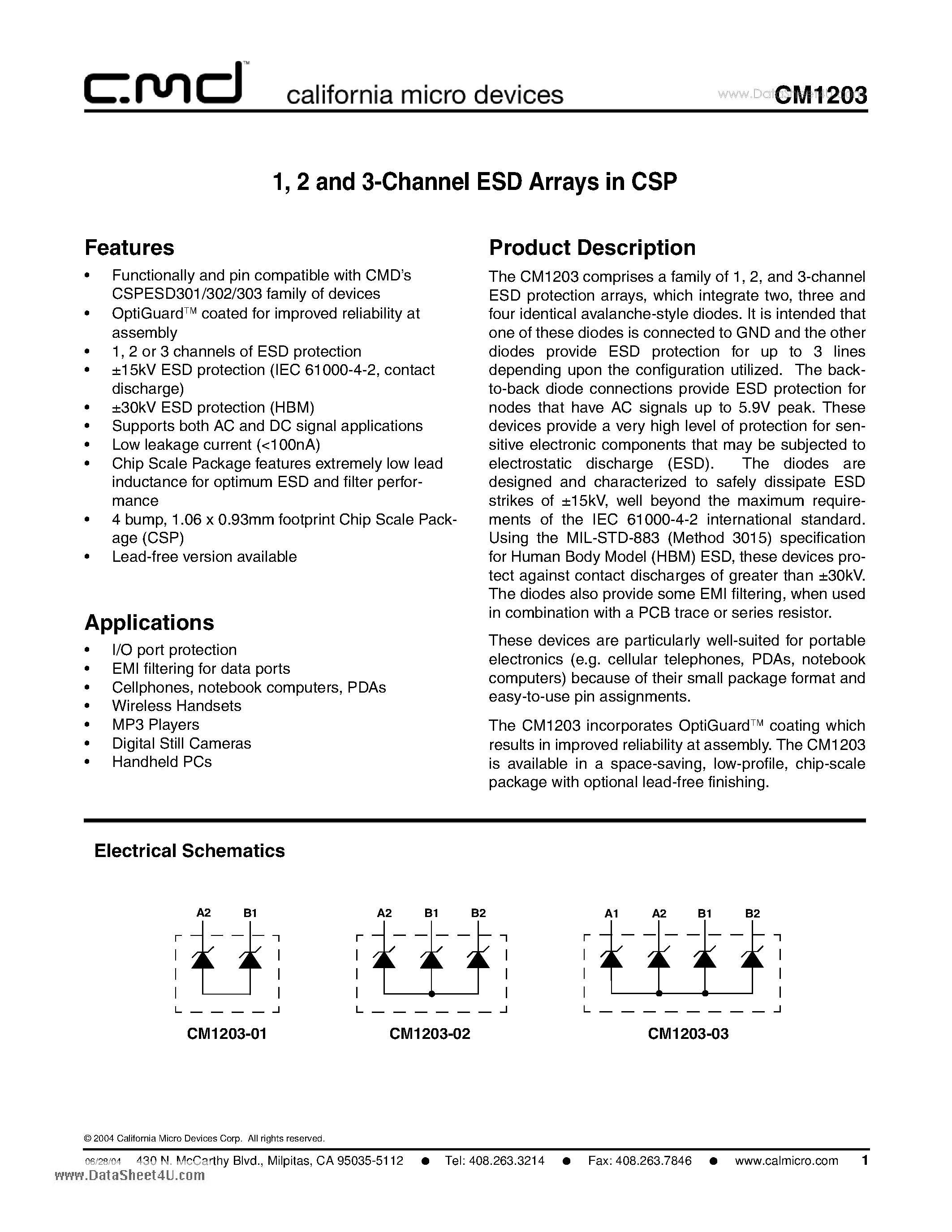 Datasheet CM1203 - 1 and 2 and 3-Channel ESD Arrays page 1