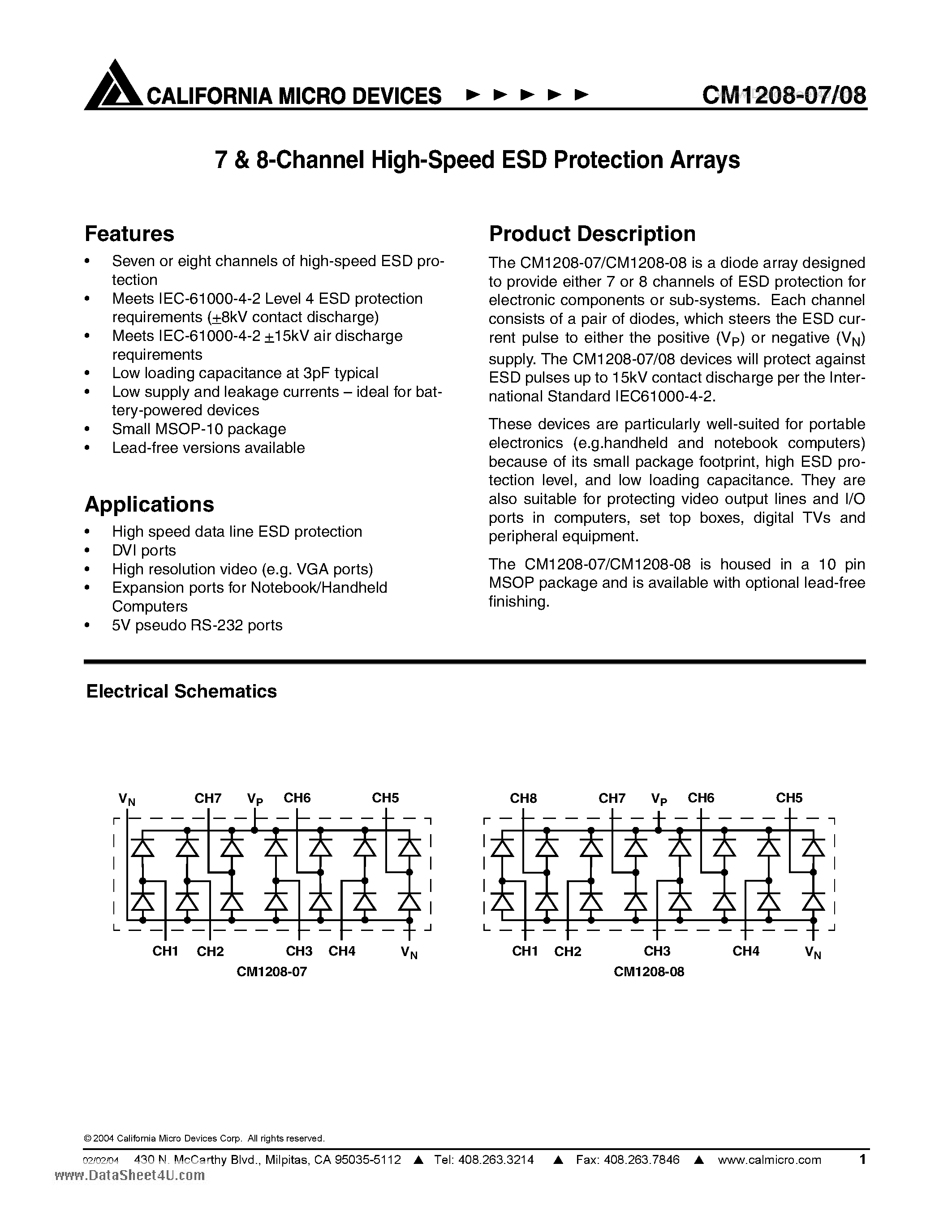 Datasheet CM1208 - 7 and 8-Channel High-Speed ESD Protection Arrays page 1