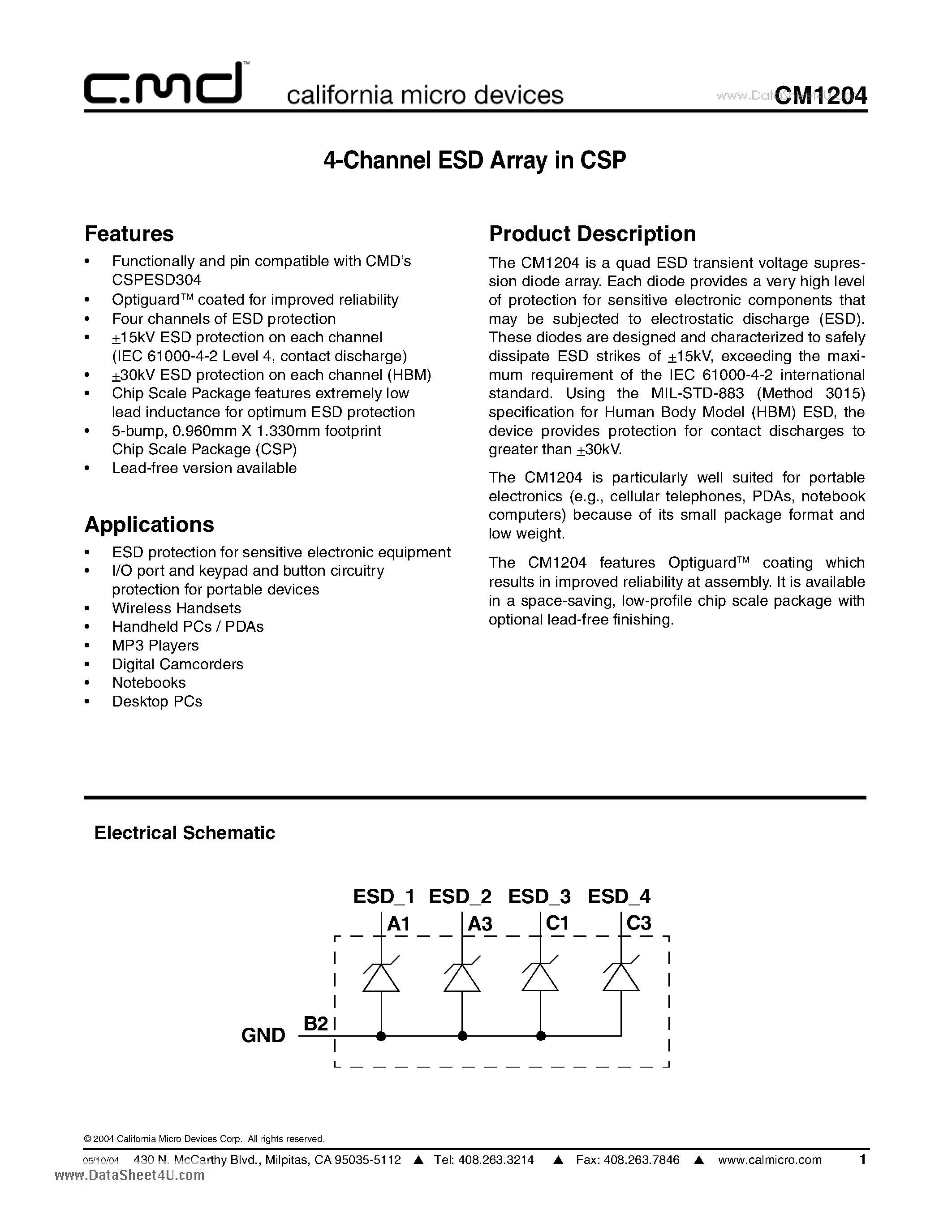 Datasheet CM1204 - 4-Channel ESD Array page 1
