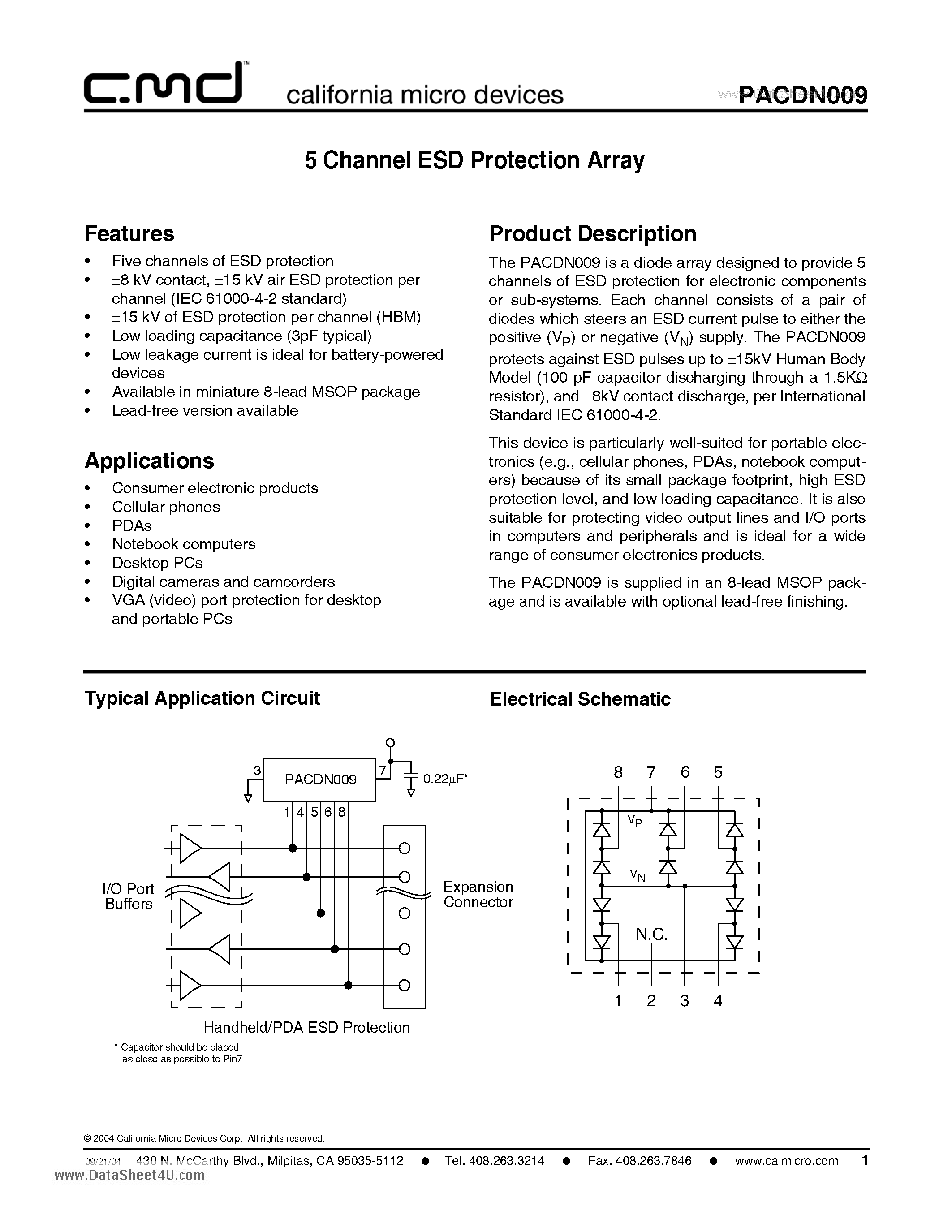 Datasheet PACDN009 - 5 Channel ESD Protection Array page 1