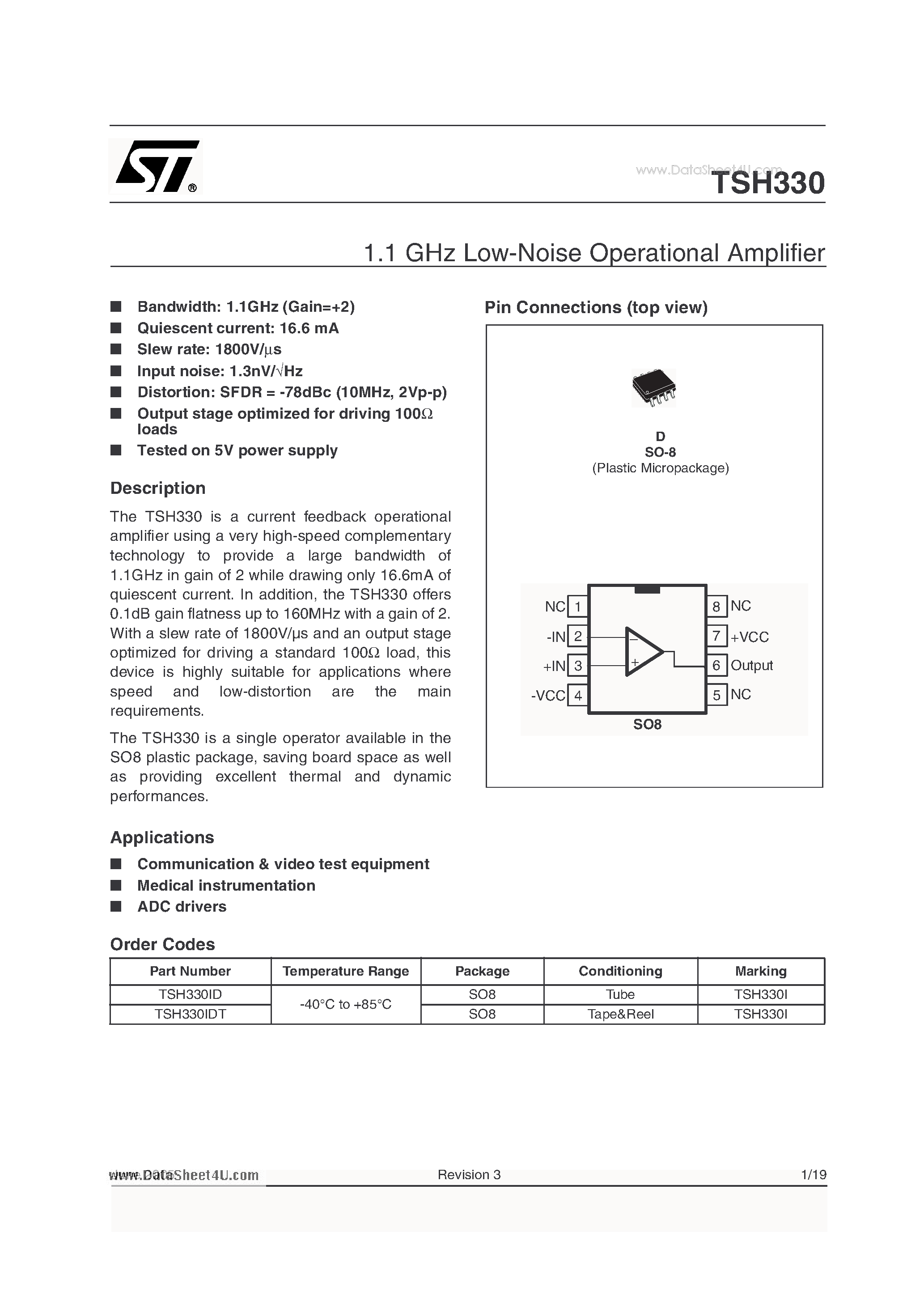 Даташит на микросхему TSH330 страница 1 Даташит TSH330 - 1.1 GHz Low-Noise Operational Amplifier страница 1