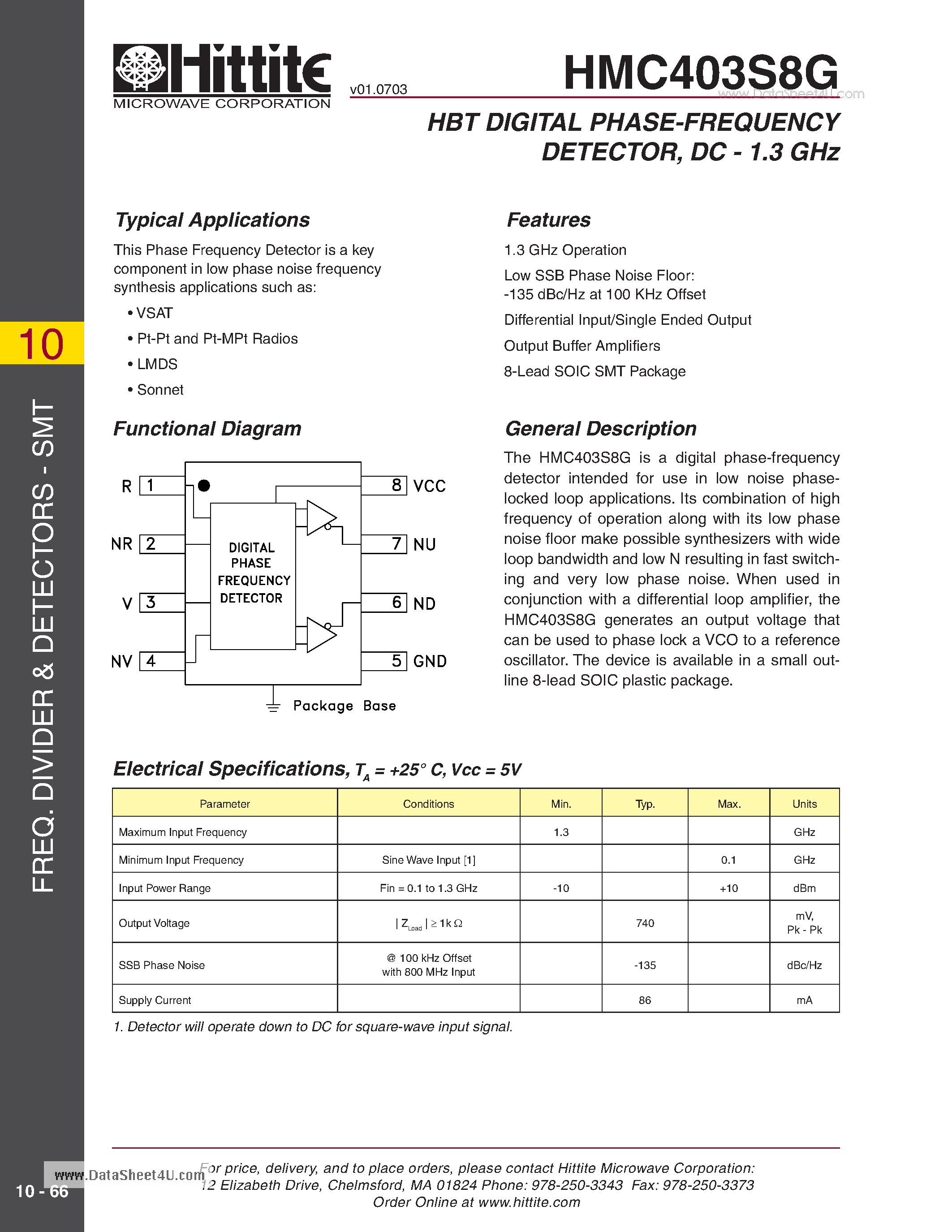 Даташит HMC403S8G - HBT DIGITAL PHASE-FREQUENCY DETECTOR DC - 1.3 GHz страница 1