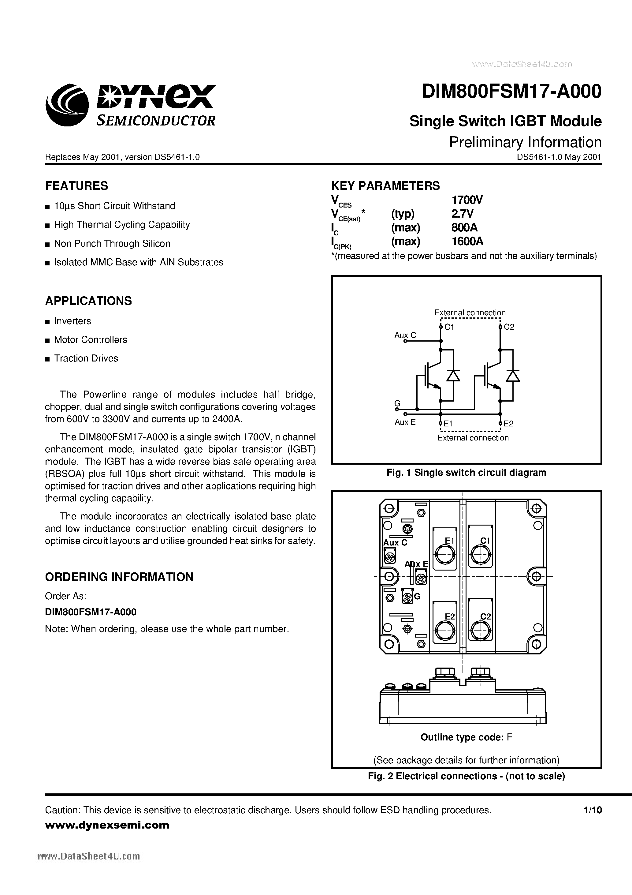 Даташит на микросхему DIM800FSM17-A000 страница 1 Даташит DIM800FSM17-A000 - Single Switch IGBT Module Preliminary Information страница 1