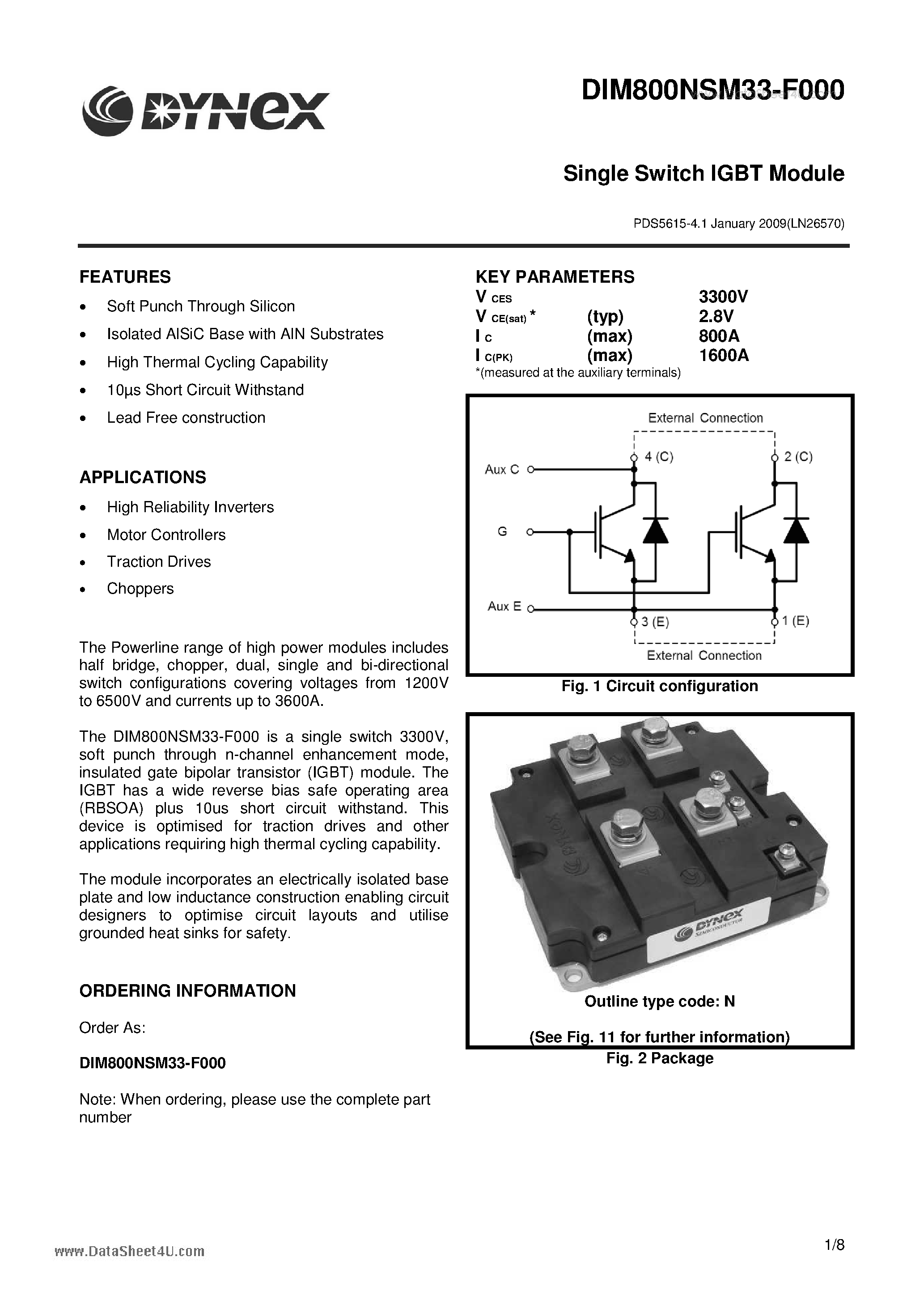 Даташит DIM800NSM33-F000 - Single Switch IGBT Module страница 1